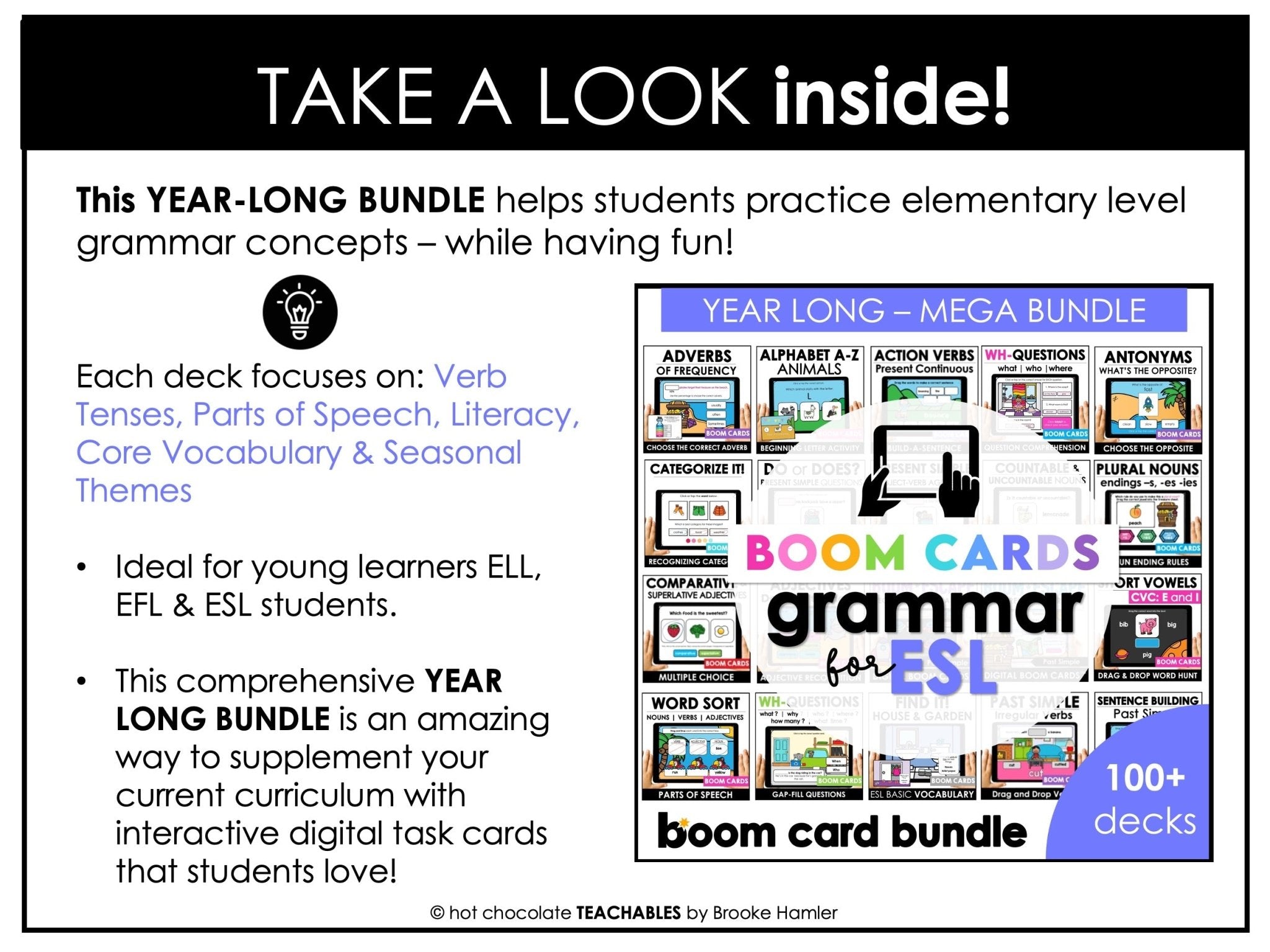 ESL Verbs, Parts of Speech, Literacy, Vocabulary - Boom Card™ Bundle - 100 DECKS - Hot Chocolate Teachables