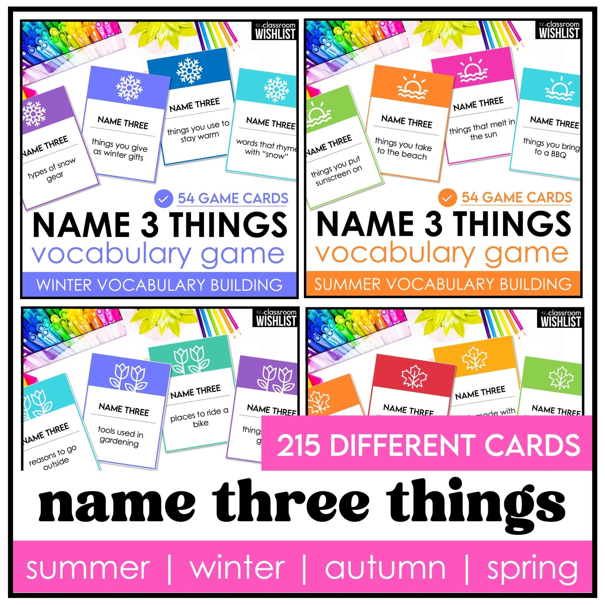 ESL Vocabulary Building Card Games | Name 3 Things | Summer | Spring | Fall | Winter - Hot Chocolate Teachables