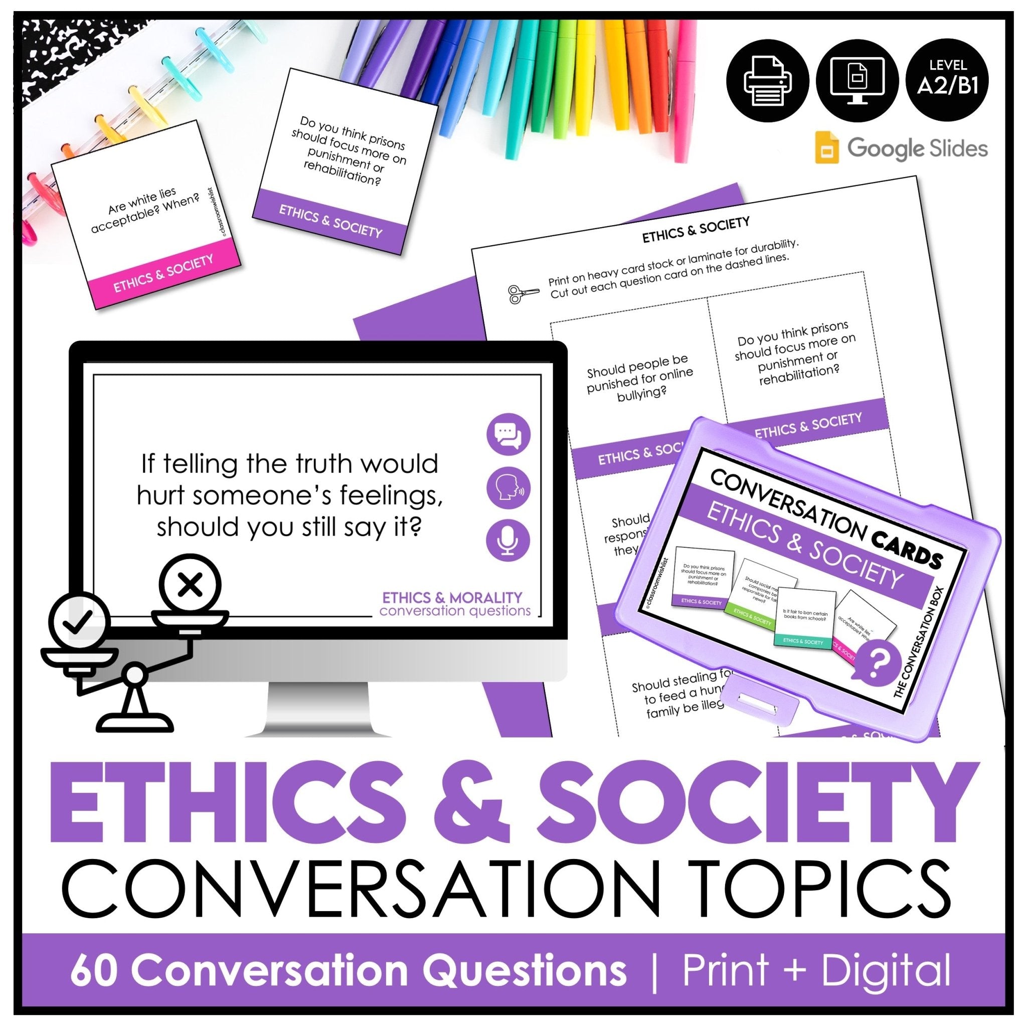 Ethics & Morality in Society Conversation Starter Questions | 60 Prompts | ESL - Hot Chocolate Teachables