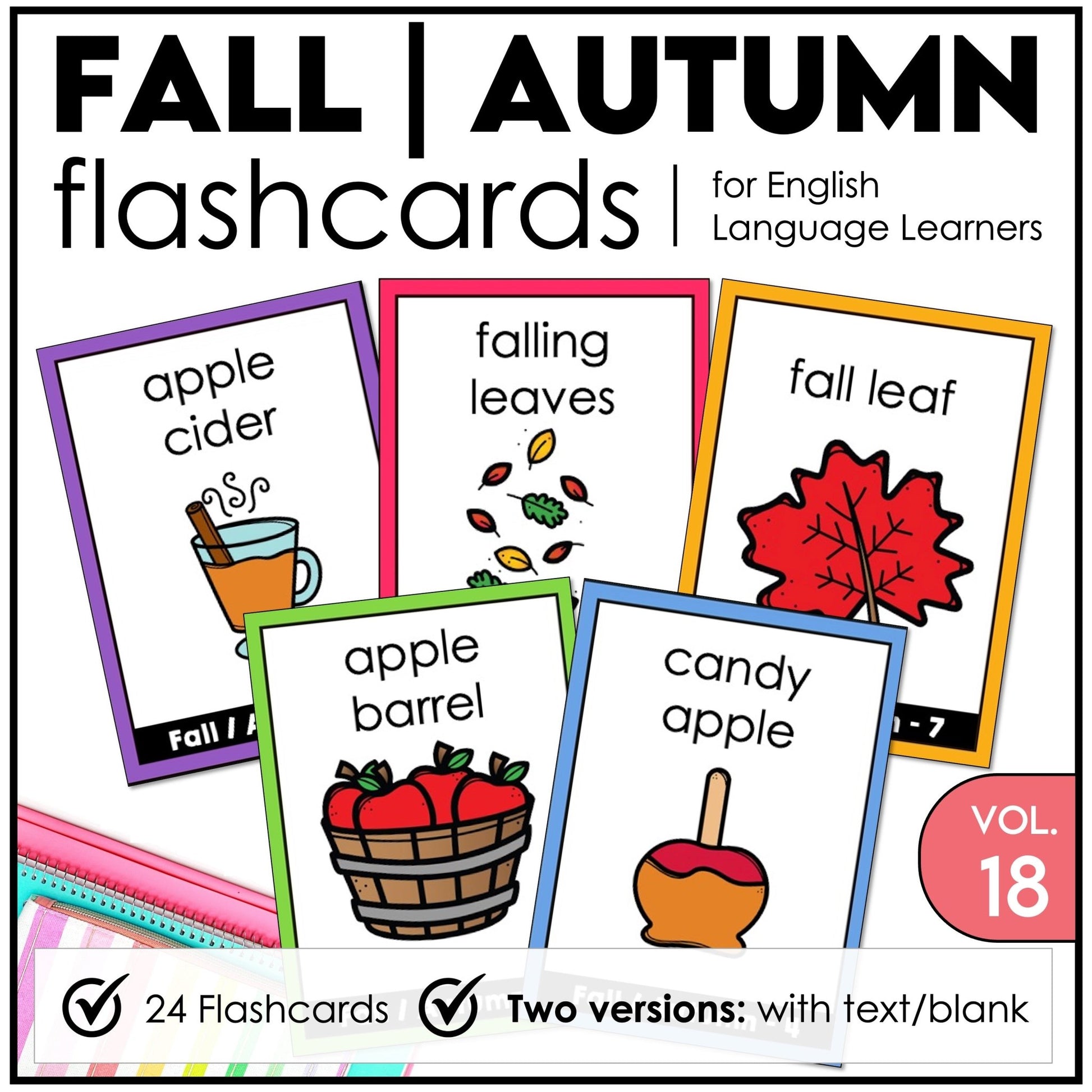 Fall / Autumn Vocabulary Flashcards : ESL task cards - Flash Cards - Hot Chocolate Teachables