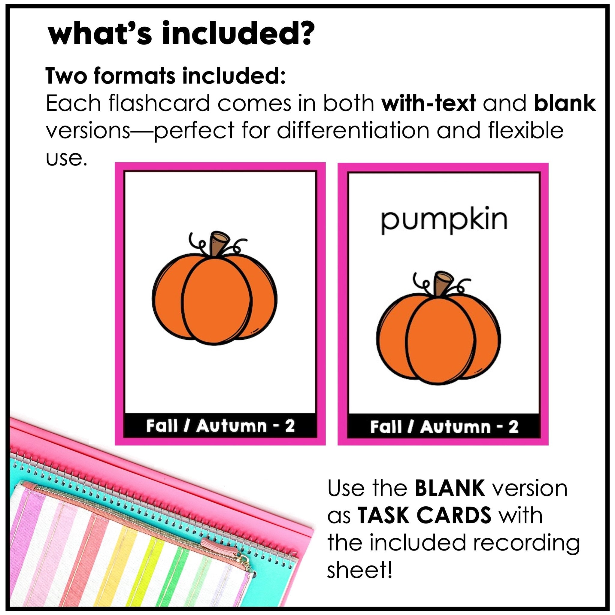 Fall / Autumn Vocabulary Flashcards : ESL task cards - Flash Cards - Hot Chocolate Teachables