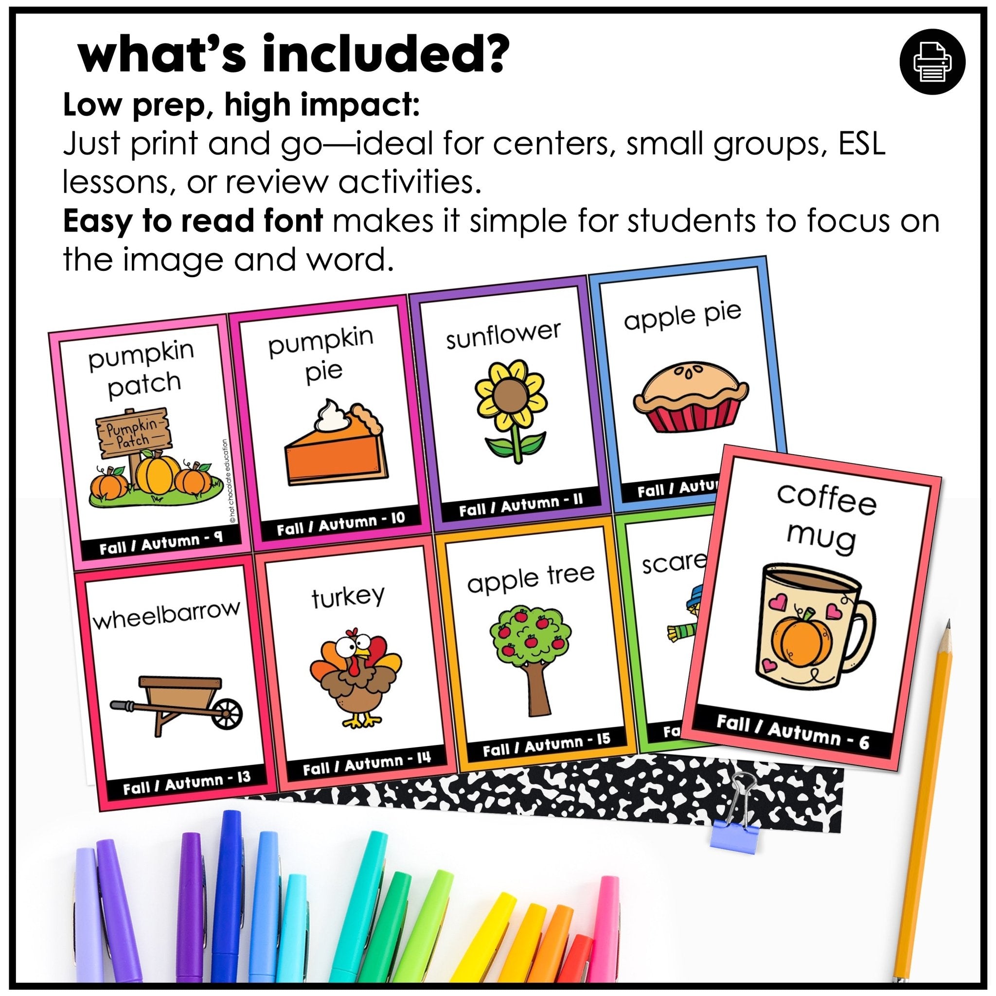 Fall / Autumn Vocabulary Flashcards : ESL task cards - Flash Cards - Hot Chocolate Teachables