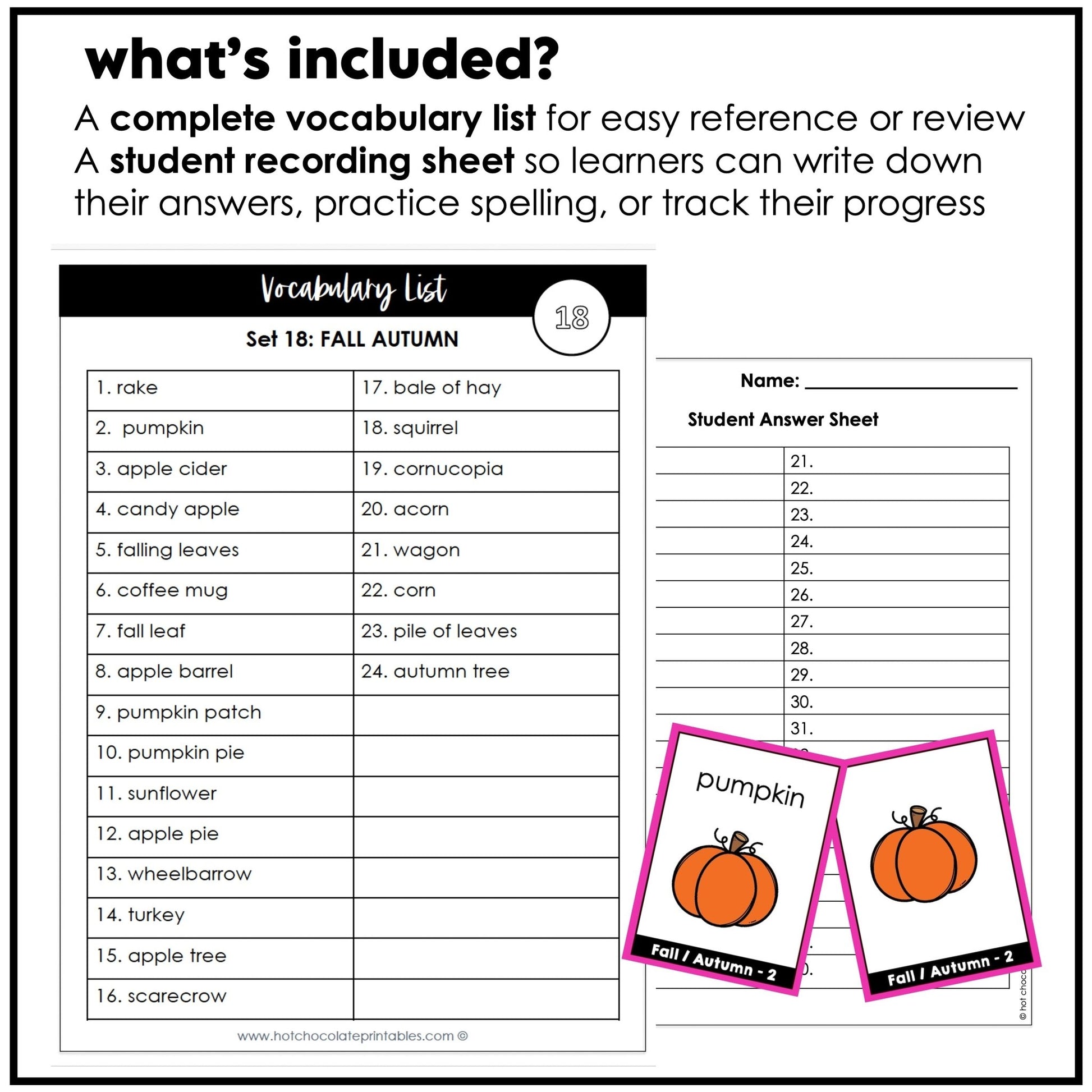 Fall / Autumn Vocabulary Flashcards : ESL task cards - Flash Cards - Hot Chocolate Teachables