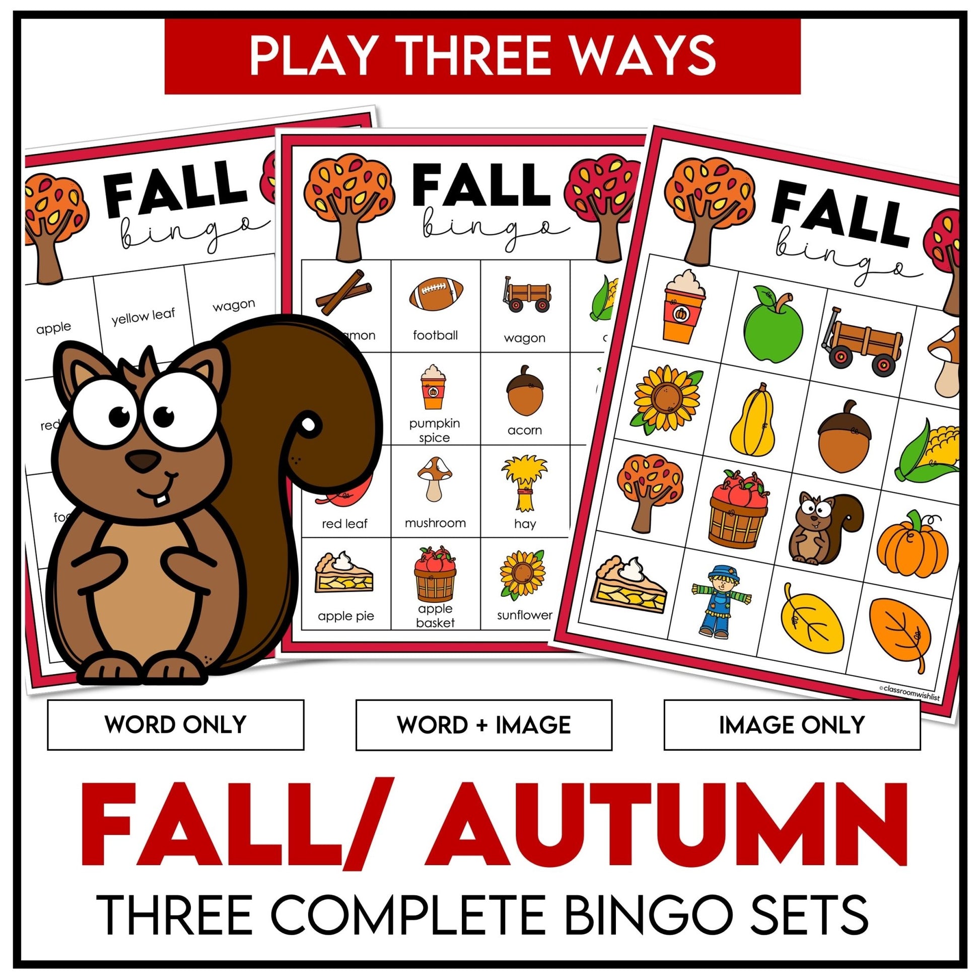 Fall Bingo Game – 3 Complete Sets with Autumn Words & Pictures for ESL/ELL - Hot Chocolate Teachables