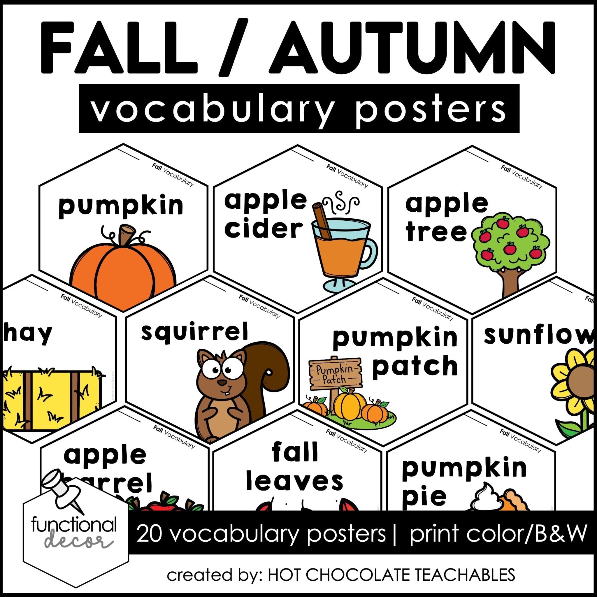 Fall Vocabulary Posters | Autumn Word Wall | Classroom Bulletin Board for ESL - Hot Chocolate Teachables