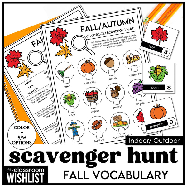 Fall Vocabulary Scavenger Hunt - Autumn Activity - Search for Objects w/ clues - Hot Chocolate Teachables