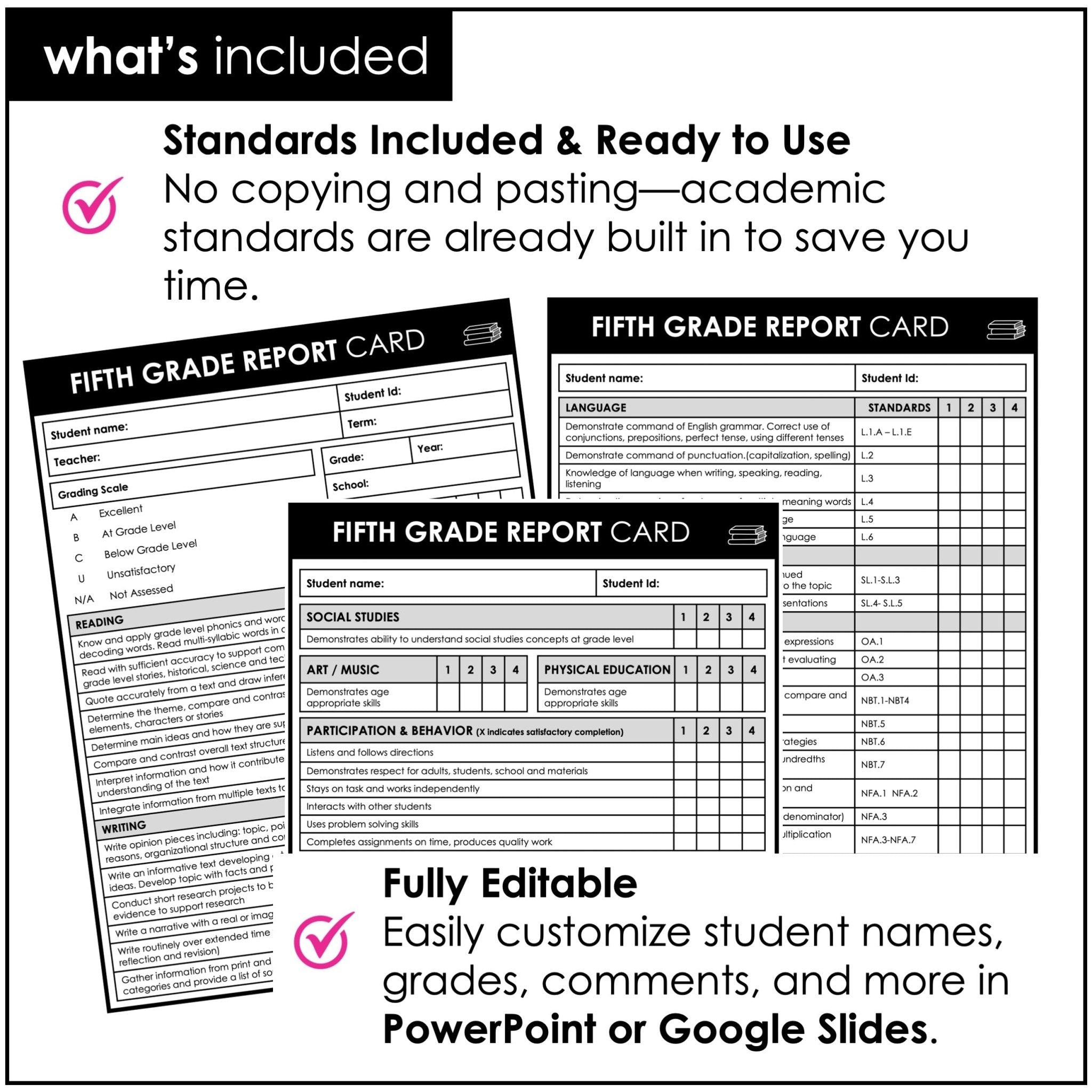 FIFTH Grade Editable Report Card Templates with Common Core Aligned Standards - Hot Chocolate Teachables