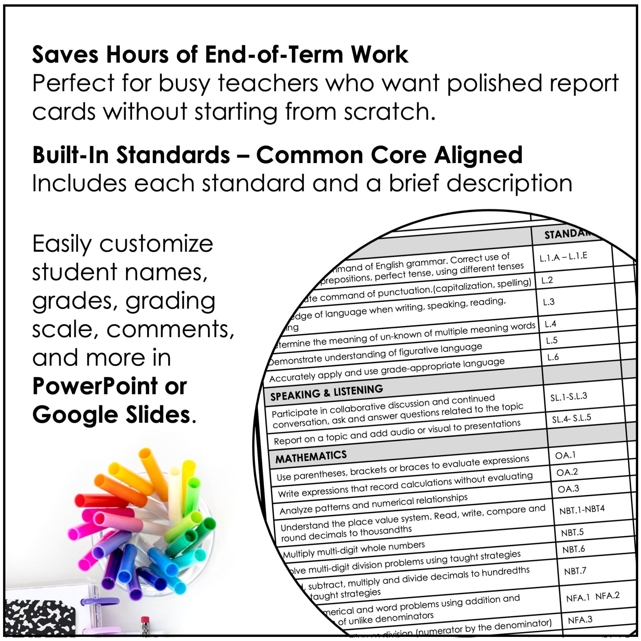 FIFTH Grade Editable Report Card Templates with Common Core Aligned Standards - Hot Chocolate Teachables