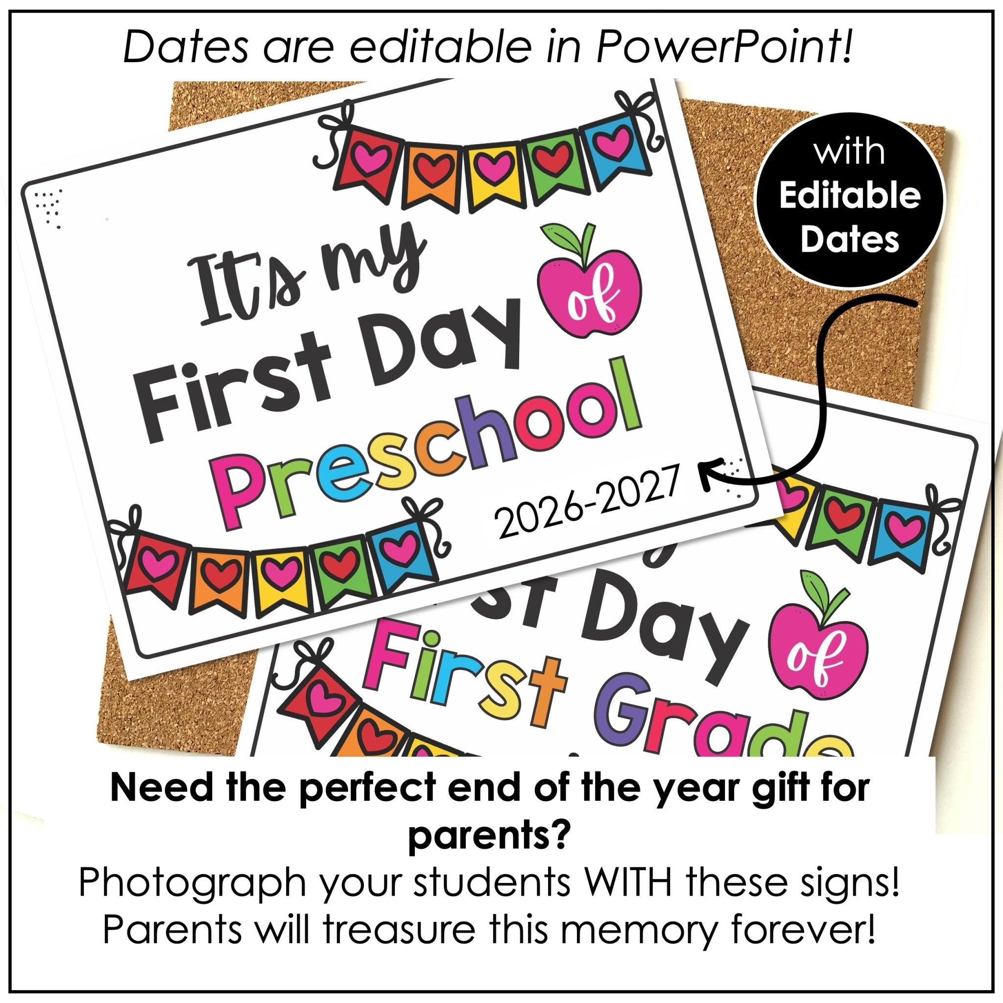 First Day of School Photo Sign - Preschool & K - 6 with Editable Dates & Yearly Updates - Hot Chocolate Teachables