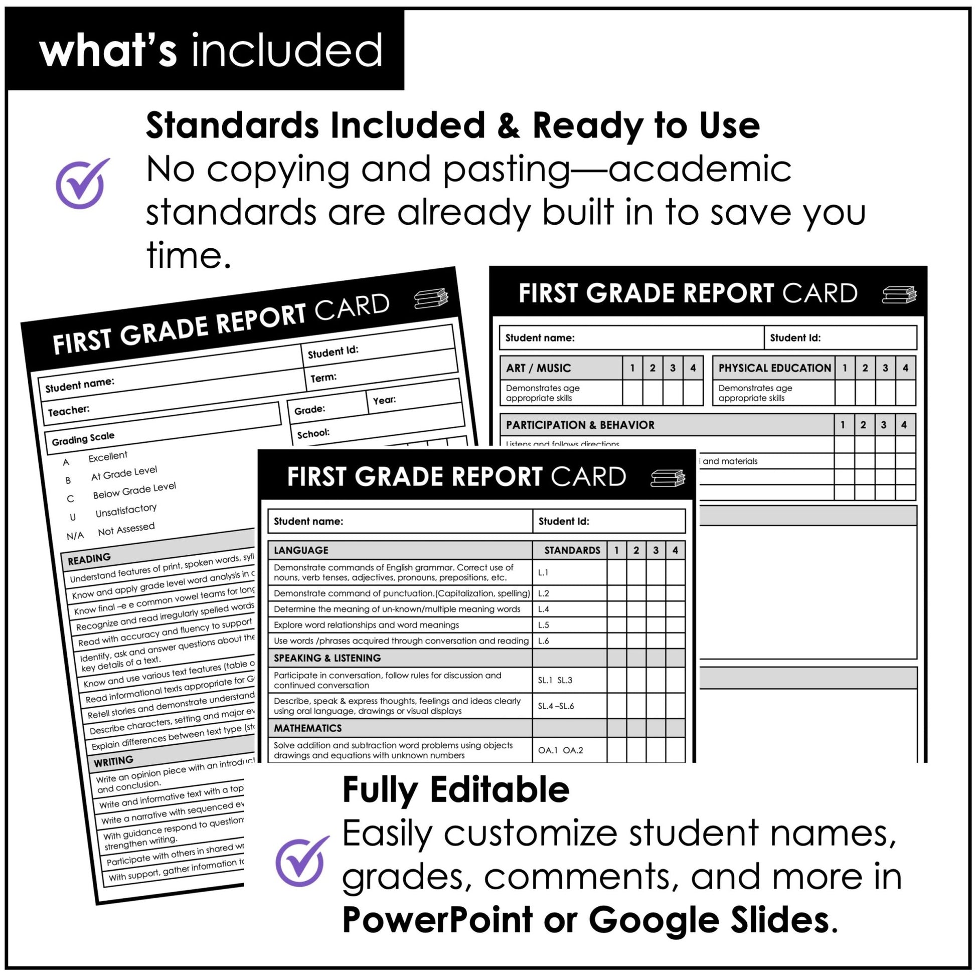 First Grade Editable Report Card Templates with Common Core Aligned Standards - Hot Chocolate Teachables