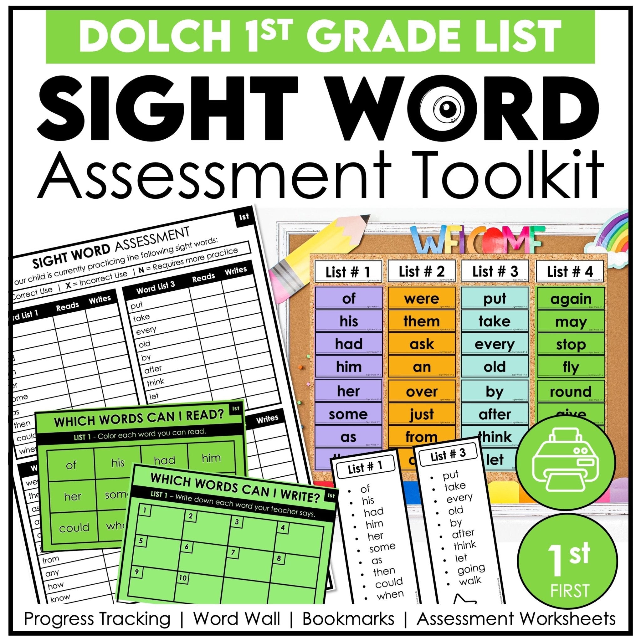 First Grade Sight Word Assessment Pack | Dolch High Frequency Word Progress Monitoring & Evaluation - Hot Chocolate Teachables