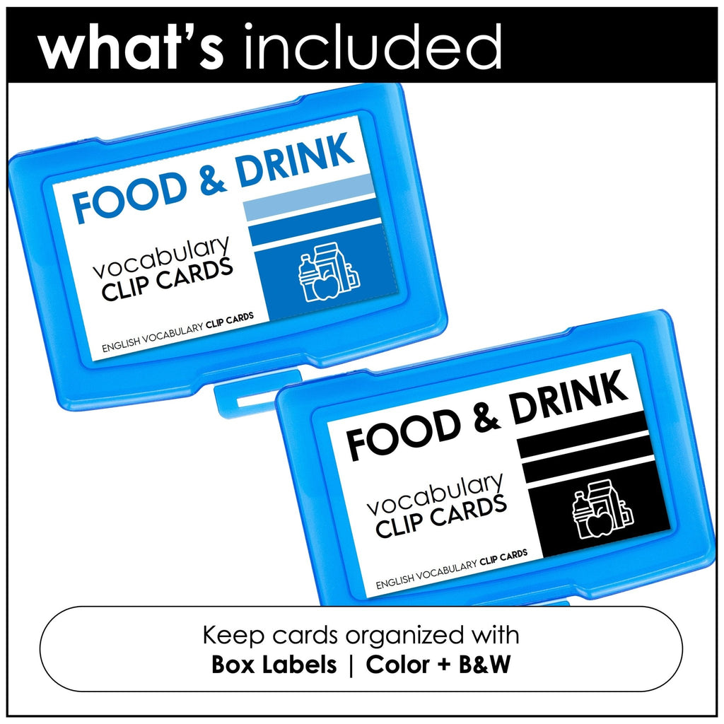 Food & Drink Vocabulary CLIP CARD activity task cards for ELL ESL ELD - Hot Chocolate Teachables