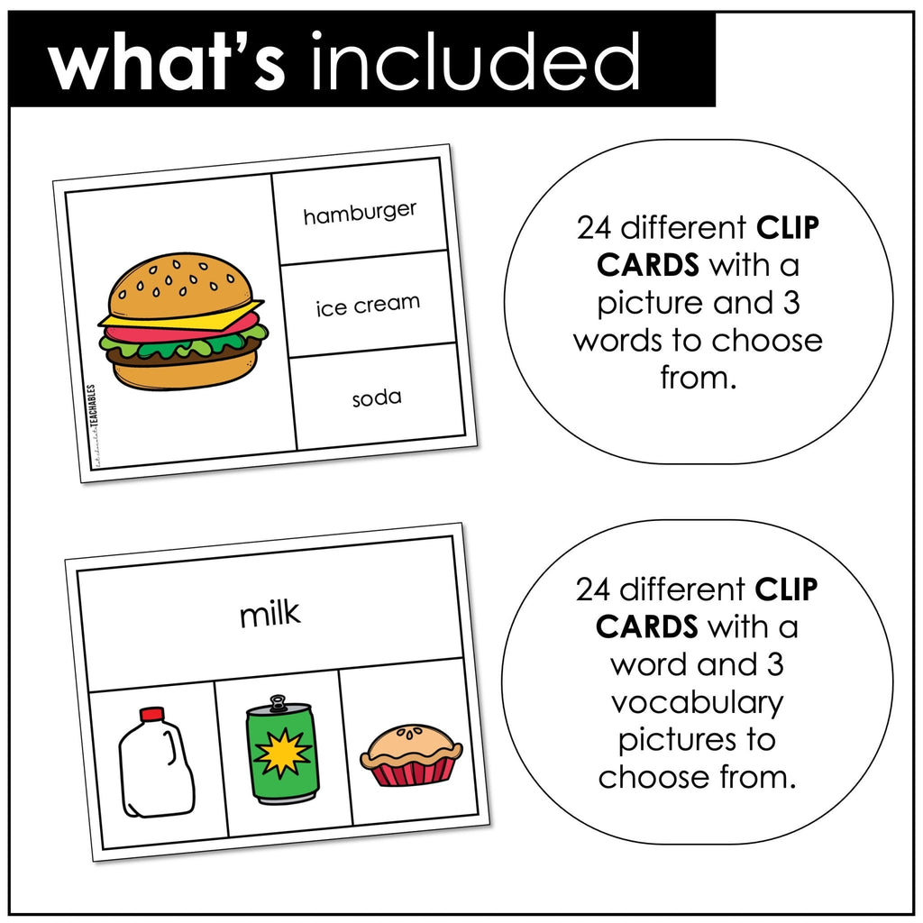 Food & Drink Vocabulary CLIP CARD activity task cards for ELL ESL ELD - Hot Chocolate Teachables