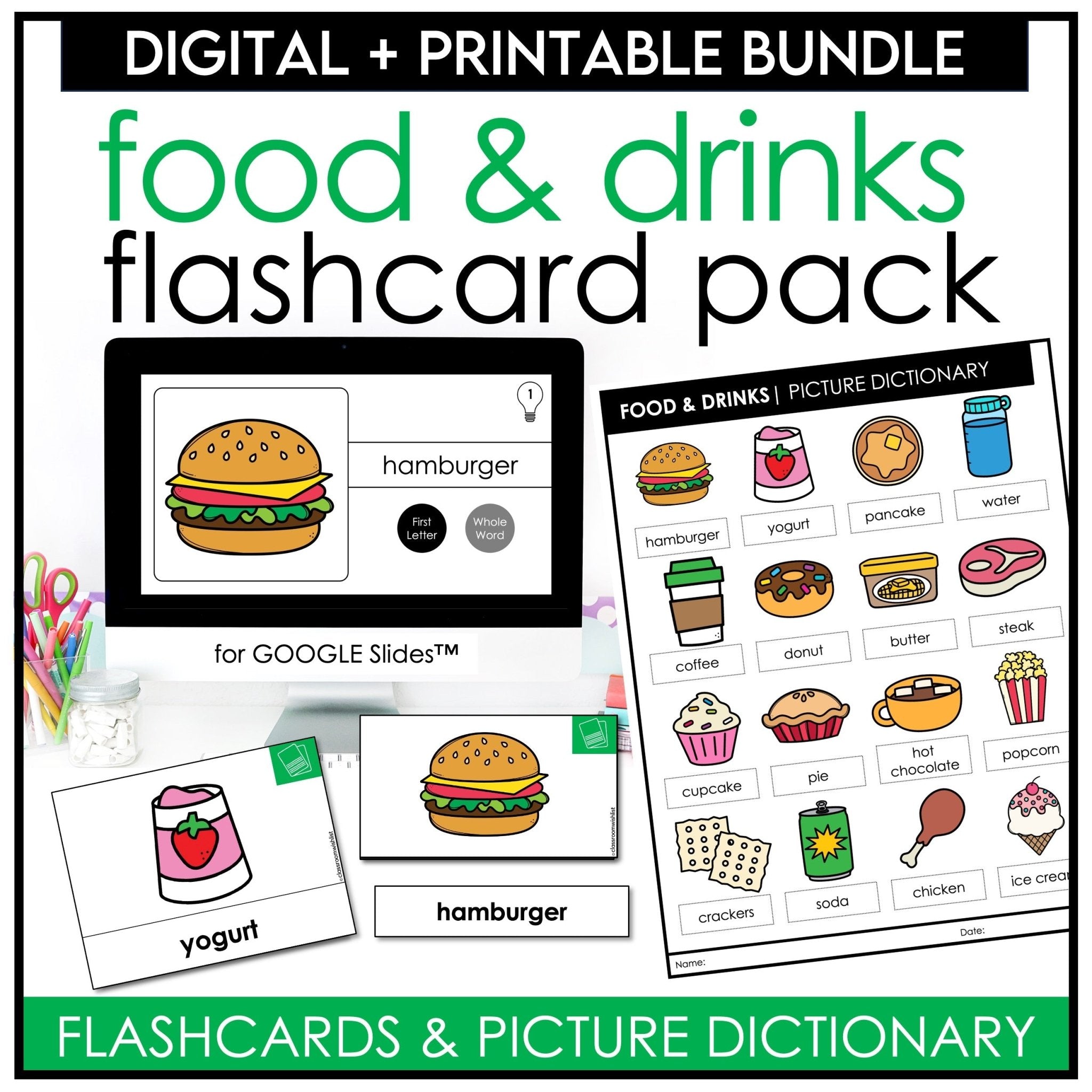 Food & Drinks Vocabulary Flashcards | Digital + Print | Picture Dictionary | ESL - Hot Chocolate Teachables