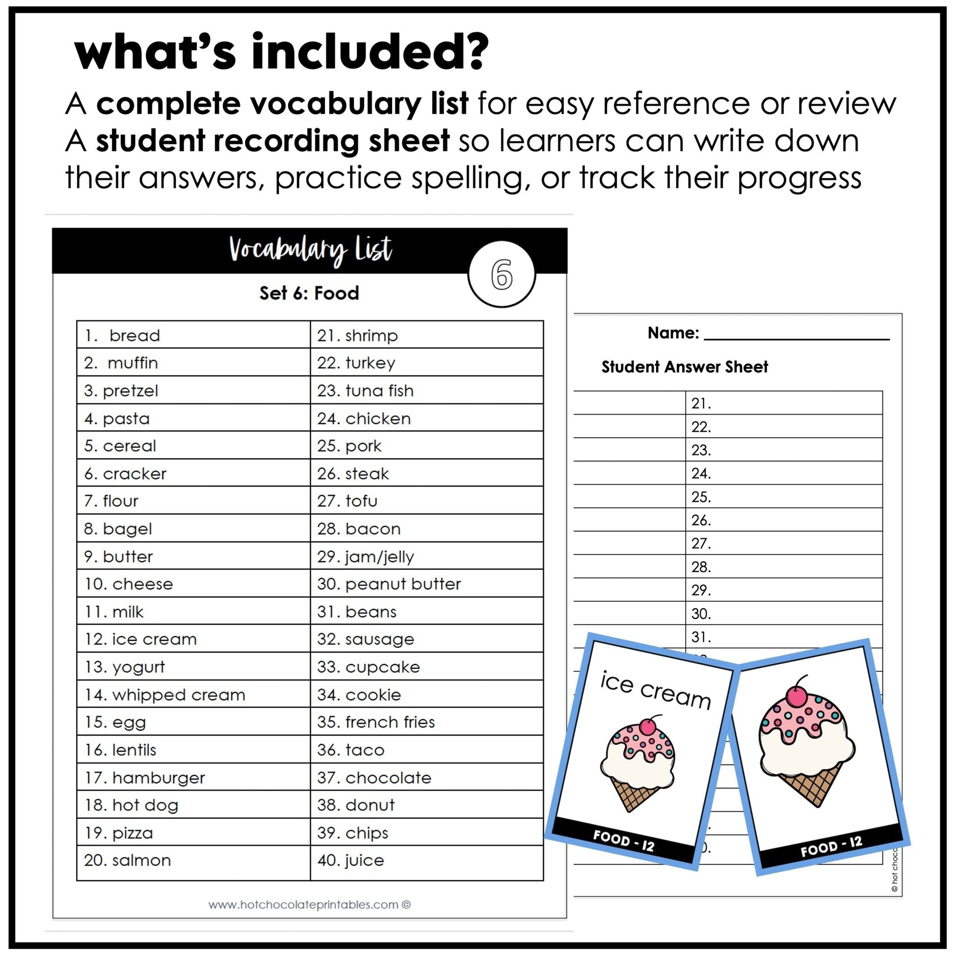 Food Group Vocabulary Flashcards | ESL Task Cards - Meat, Dairy, Protein - Hot Chocolate Teachables