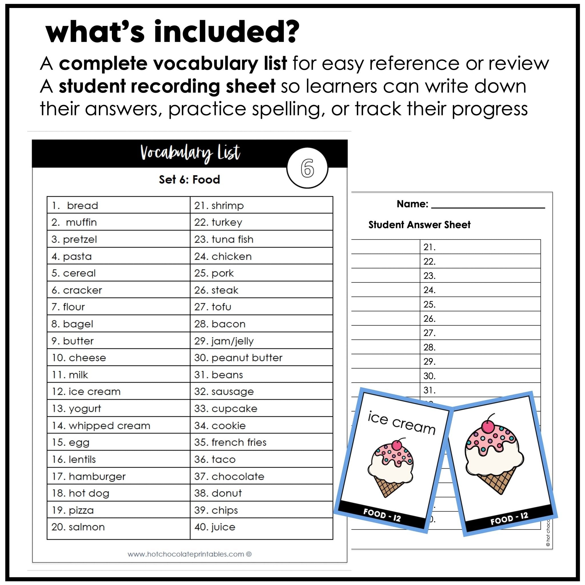 Food Group Vocabulary Flashcards | ESL Task Cards - Meat, Dairy, Protein - Hot Chocolate Teachables