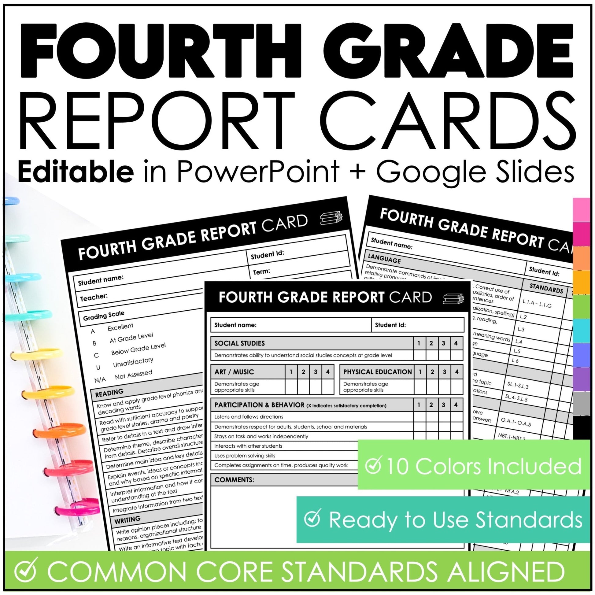 FOURTH Grade Editable Report Card Templates with Common Core Aligned Standards - Hot Chocolate Teachables