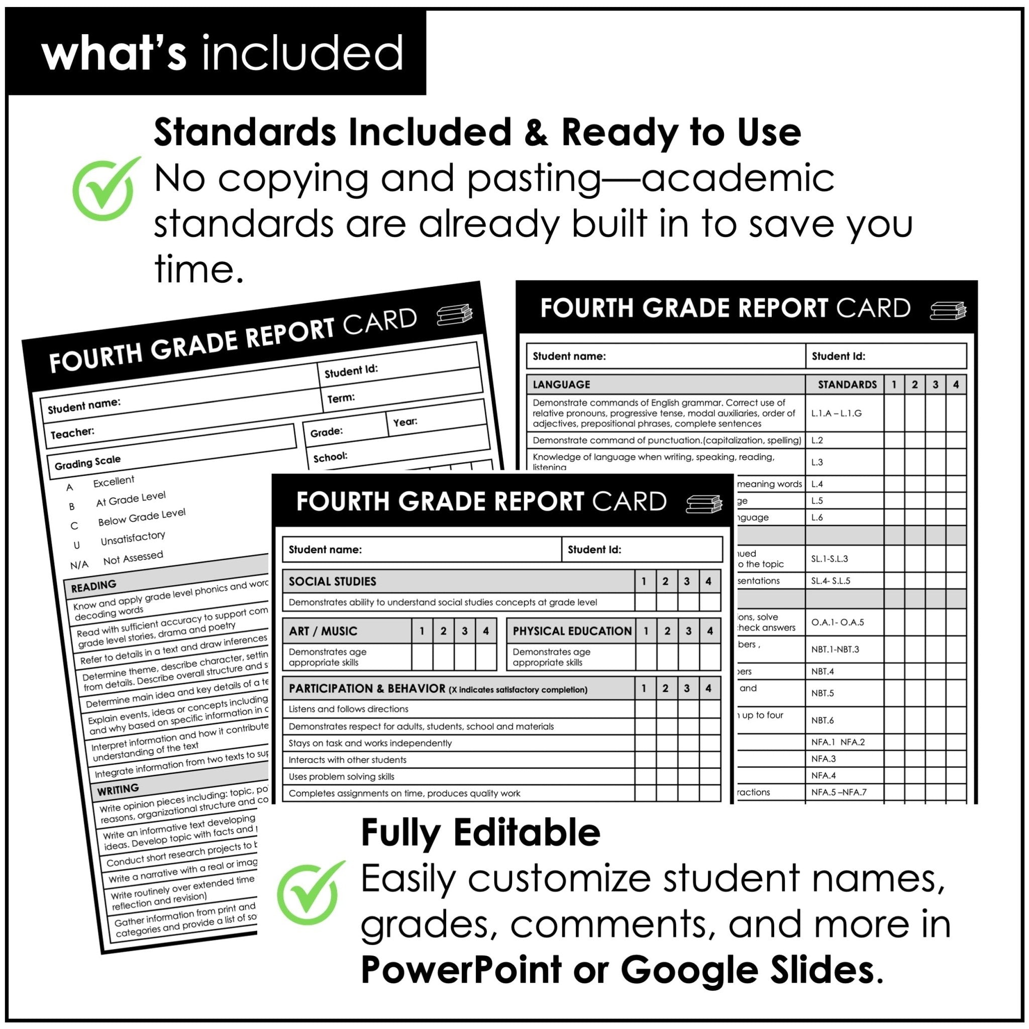 FOURTH Grade Editable Report Card Templates with Common Core Aligned Standards - Hot Chocolate Teachables