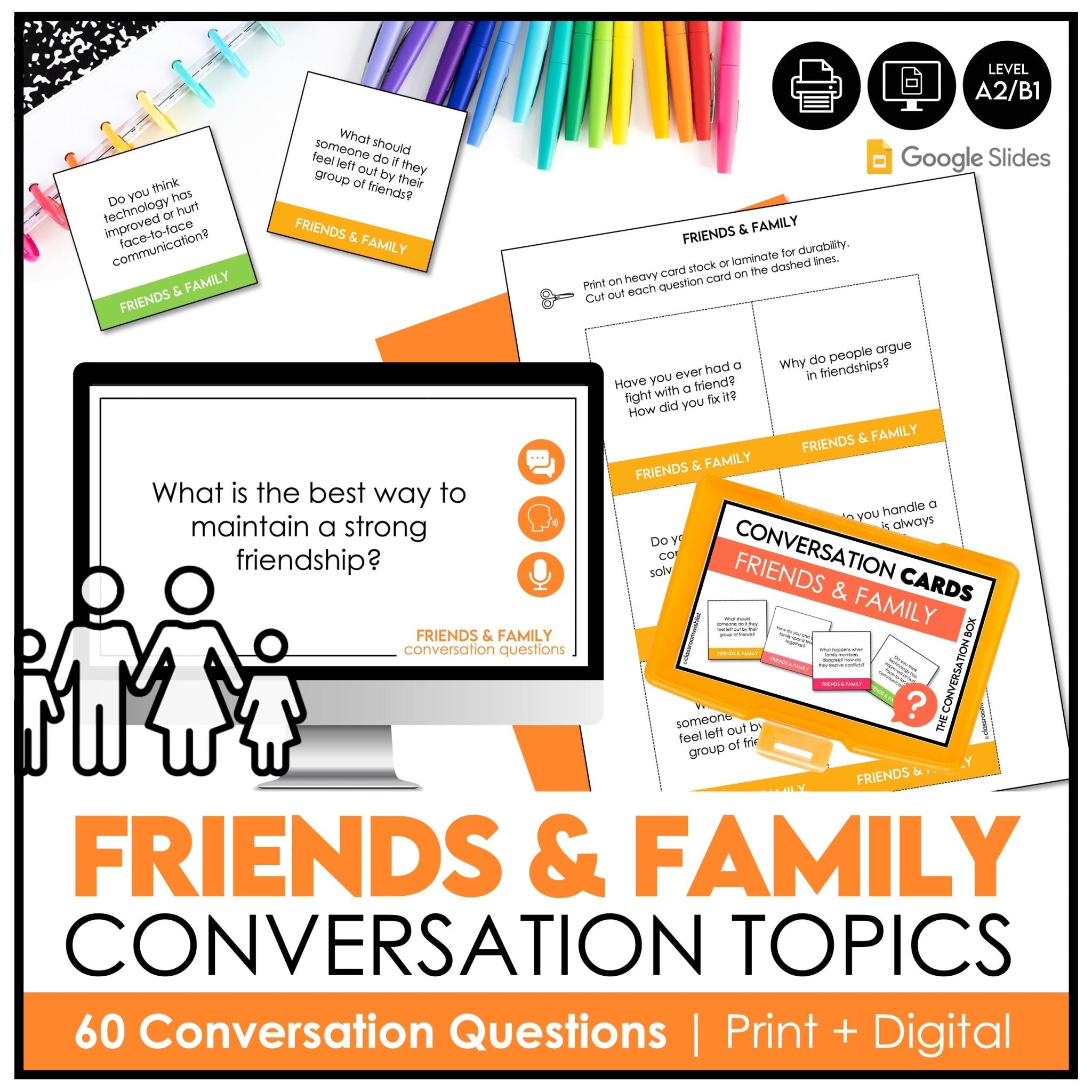 Friends & Family | Social Life Conversation Cards | 60 ESL Discussion Prompts - Hot Chocolate Teachables