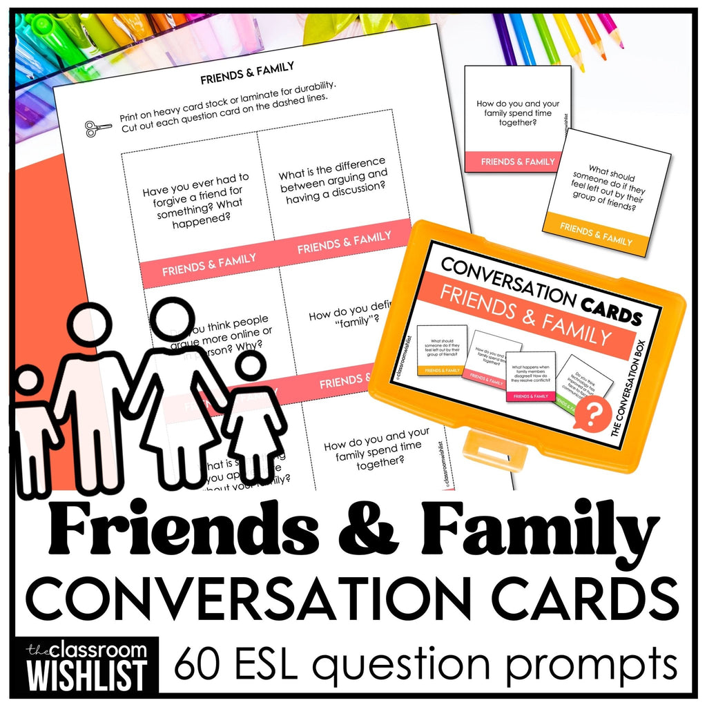 Friendships, Family & Social Life Conversation Cards | 60 ESL Discussion Prompts - Hot Chocolate Teachables