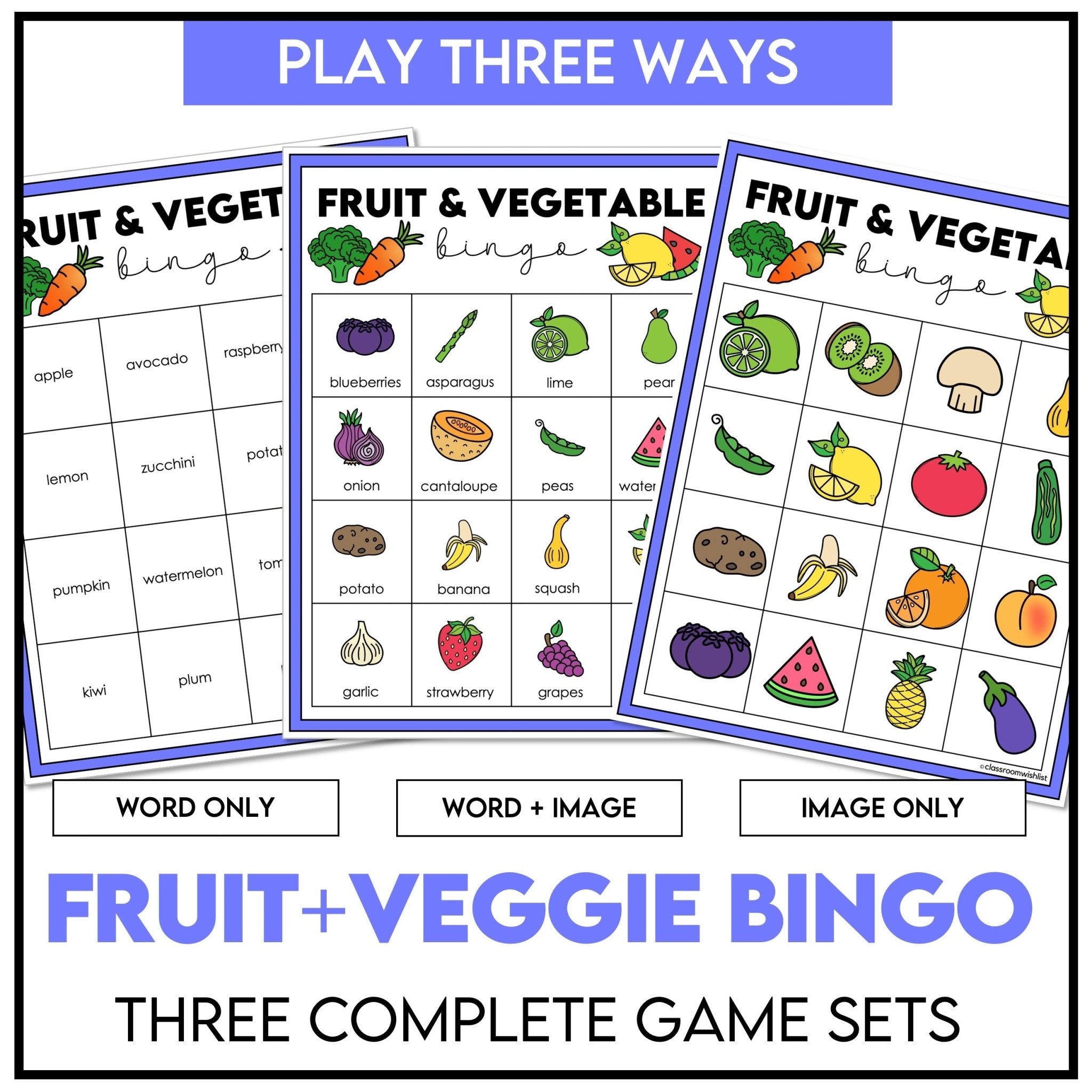 Fruit & Vegetable Bingo – Vocabulary Bingo Game Cards - Play 3 Ways - Hot Chocolate Teachables