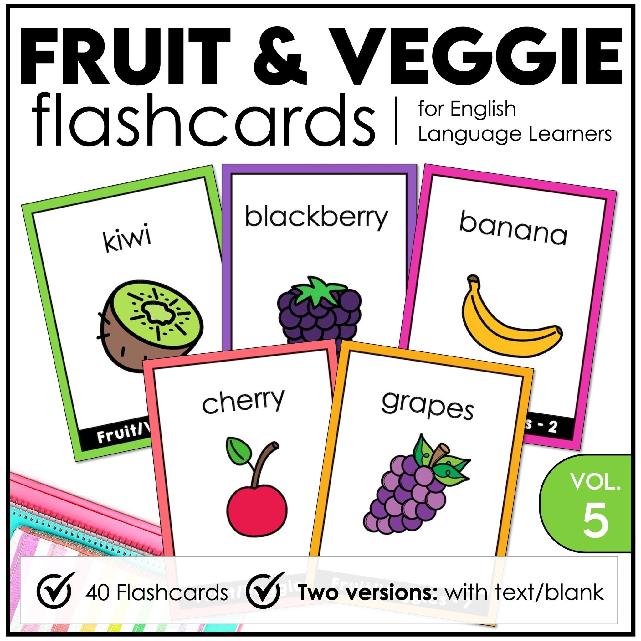 Fruit & Vegetable Vocabulary Flashcards | ESL Task Cards - Hot Chocolate Teachables