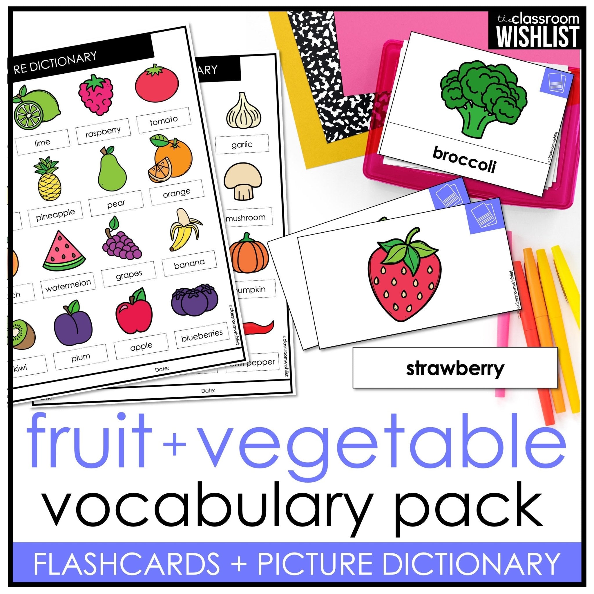 Fruit & Vegetable Vocabulary Pack: Flashcards & Picture Dictionary ESL / ELL - Hot Chocolate Teachables