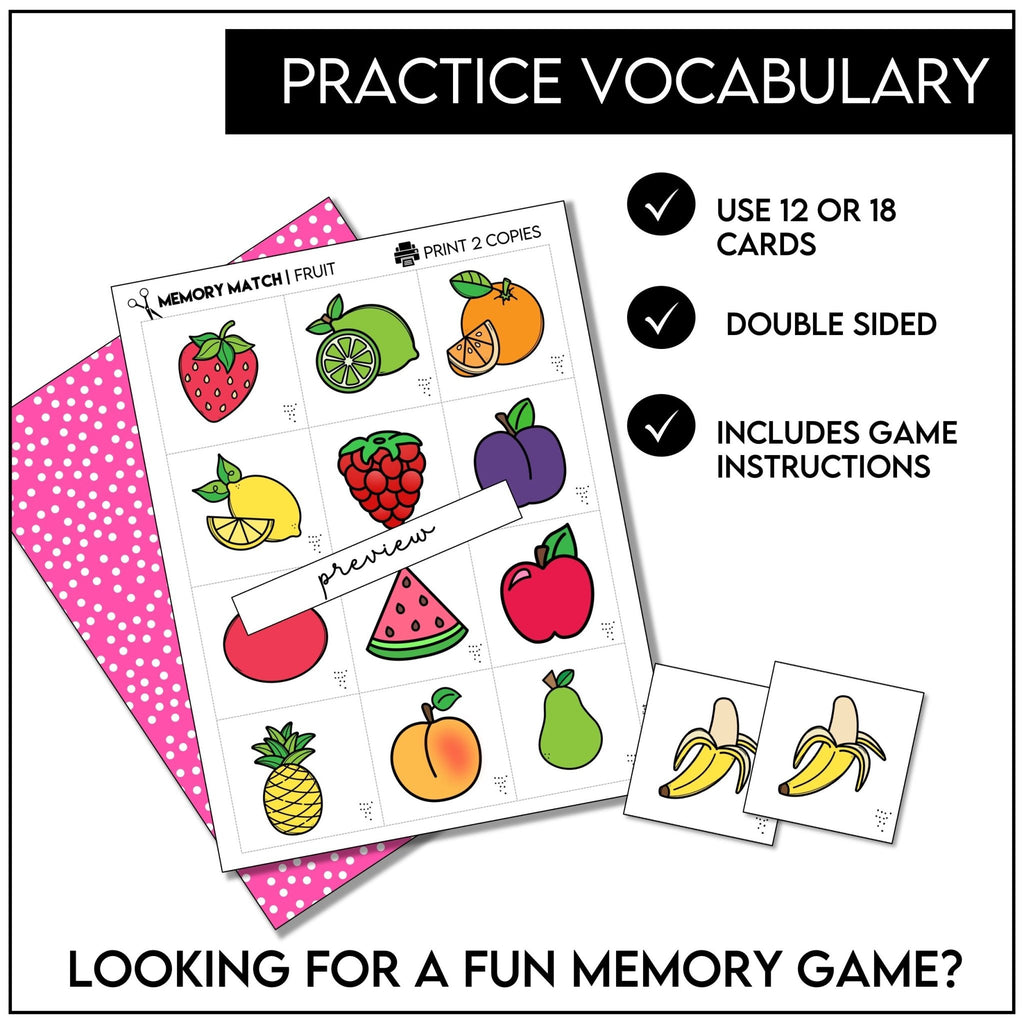 Fruit Vocabulary Memory Game | Printable Picture Card Matching Activity - Hot Chocolate Teachables