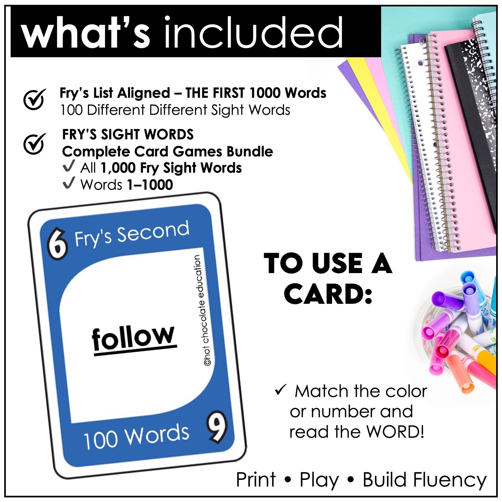 Fry's First 1000 Sight Words - Complete Card Game Bundle for 1st - 5th Grade - Hot Chocolate Teachables