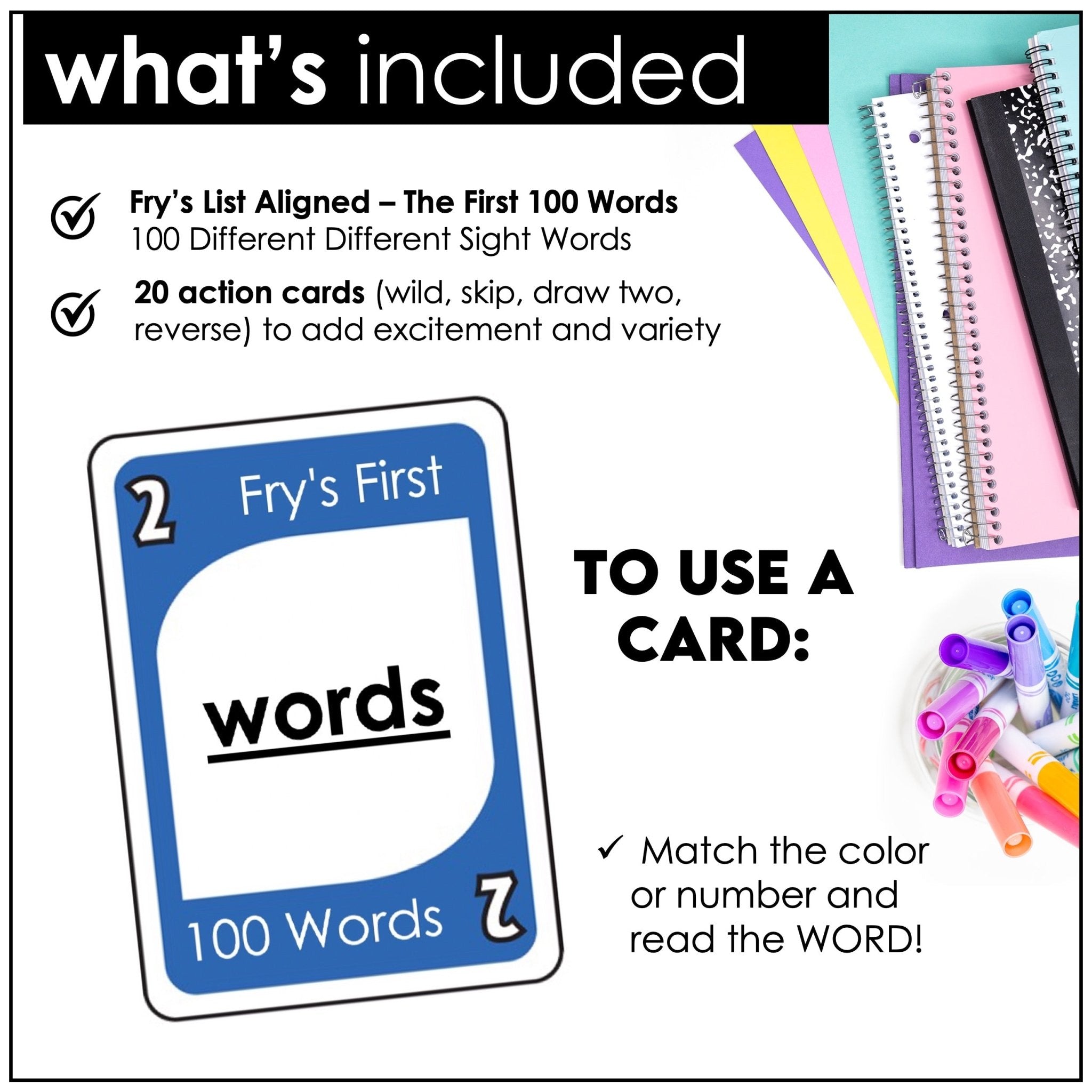 Fry's Sight Words Card Game - First 100 Words: K - 1st - Plays like UNO - Hot Chocolate Teachables