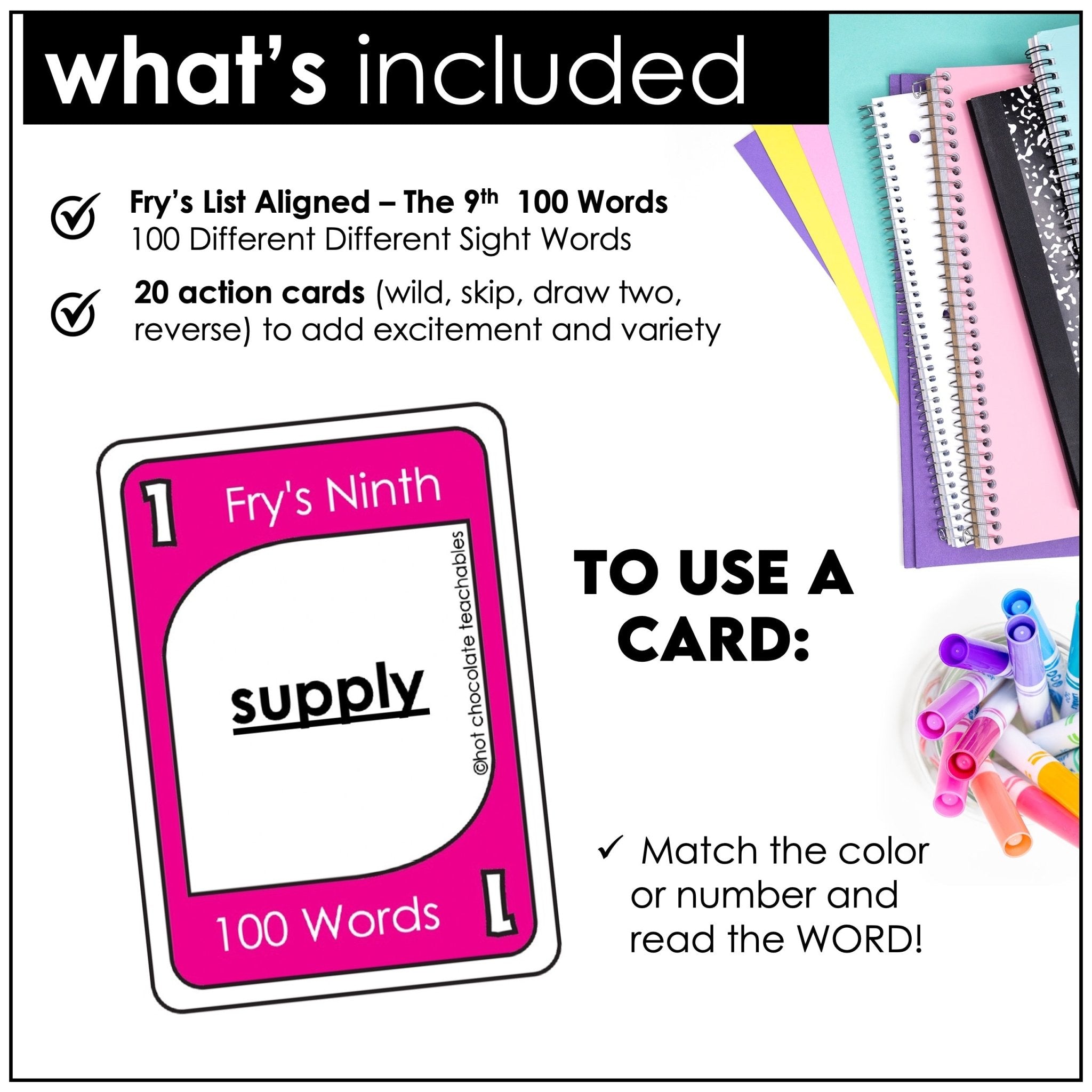 Fry's Sight Words Card Game - Ninth Hundred Words - Plays like UNO - Hot Chocolate Teachables