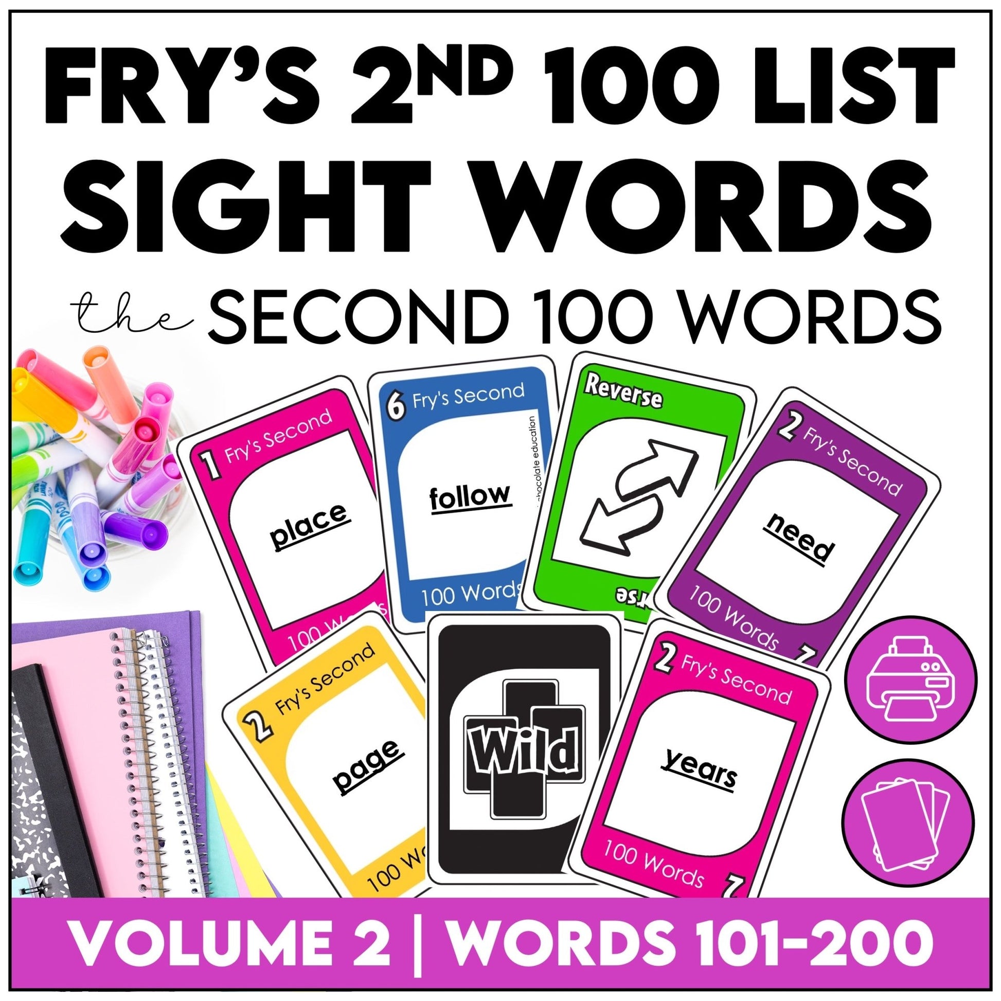 Fry's Sight Words Card Game - Second 100 Words for 2nd Grade - Plays like UNO - Hot Chocolate Teachables