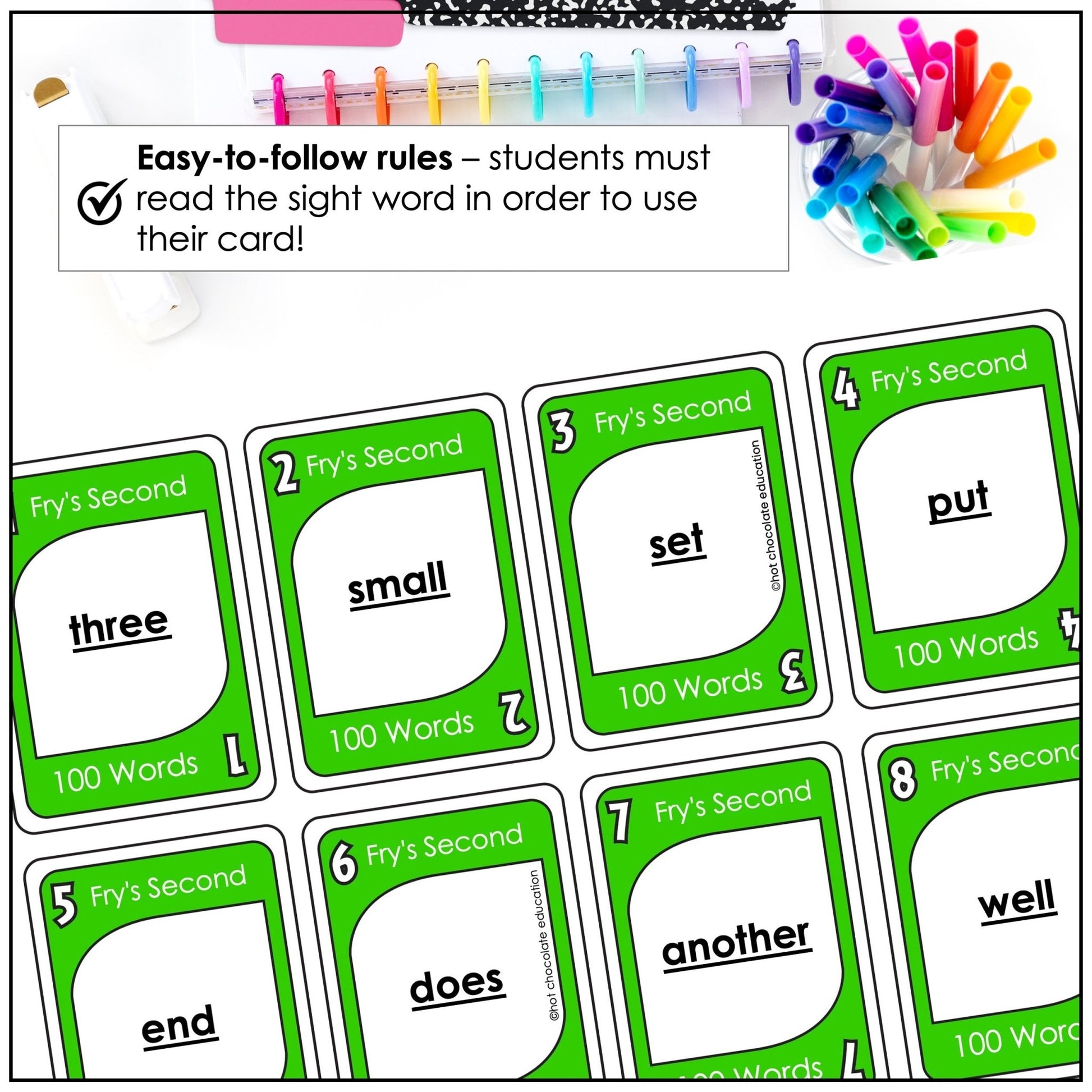 Fry's Sight Words Card Game - Second 100 Words for 2nd Grade - Plays like UNO - Hot Chocolate Teachables