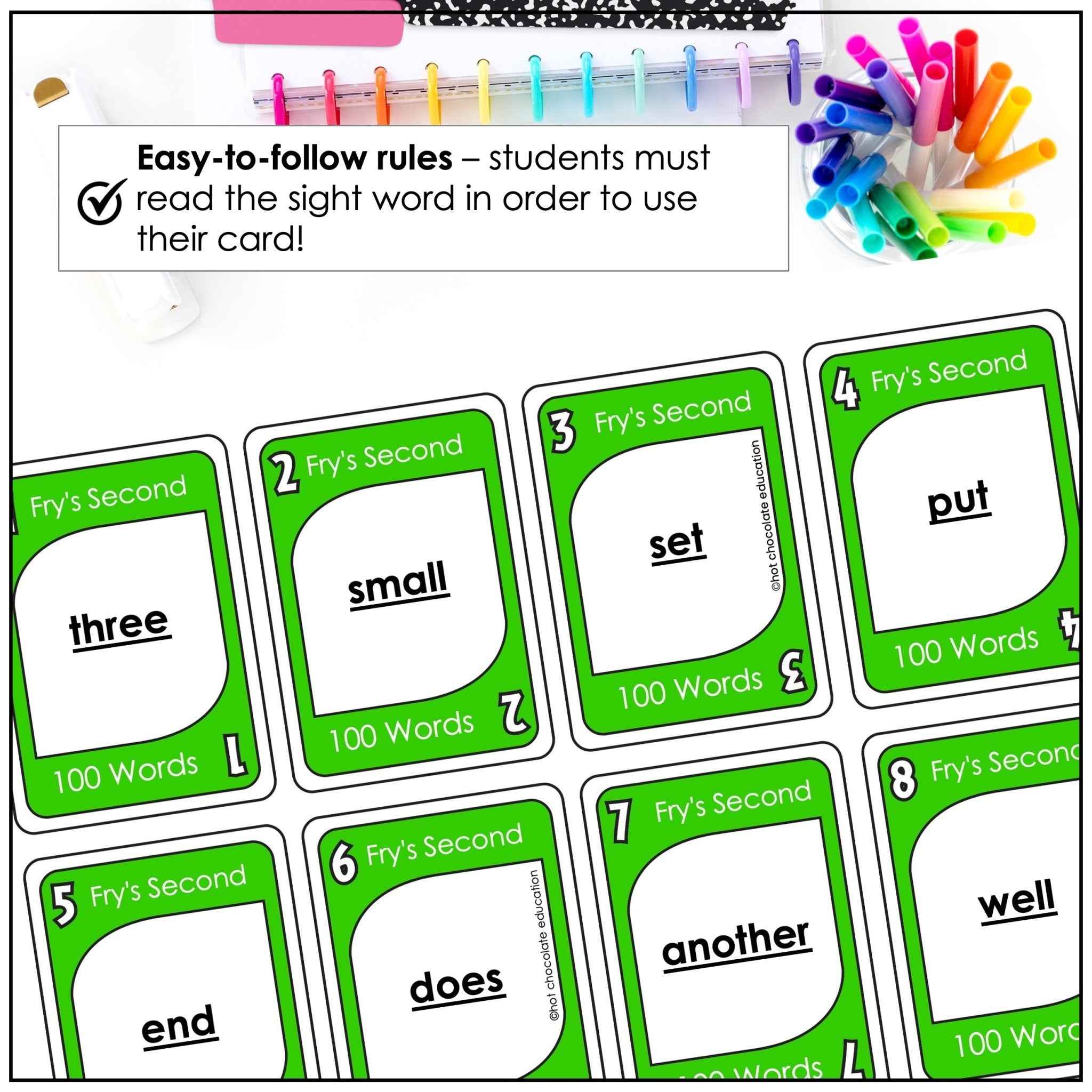 Fry's Sight Words Card Game - Second 100 Words for 2nd Grade - Plays like UNO - Hot Chocolate Teachables