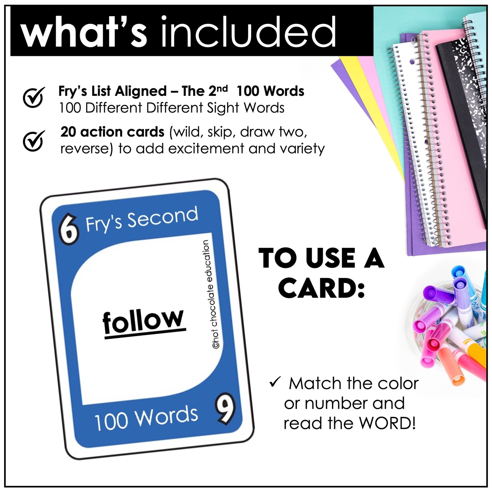 Fry's Sight Words Card Game - Second 100 Words for 2nd Grade - Plays like UNO - Hot Chocolate Teachables