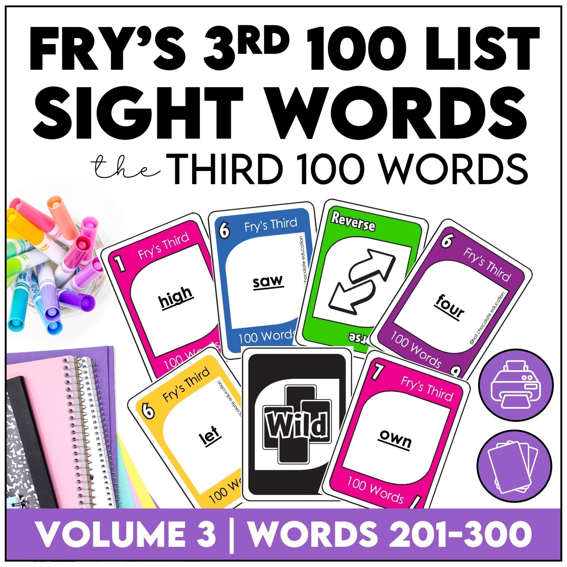 Fry's Sight Words Card Game - Third 100 Words for 3rd Grade - Plays like UNO - Hot Chocolate Teachables