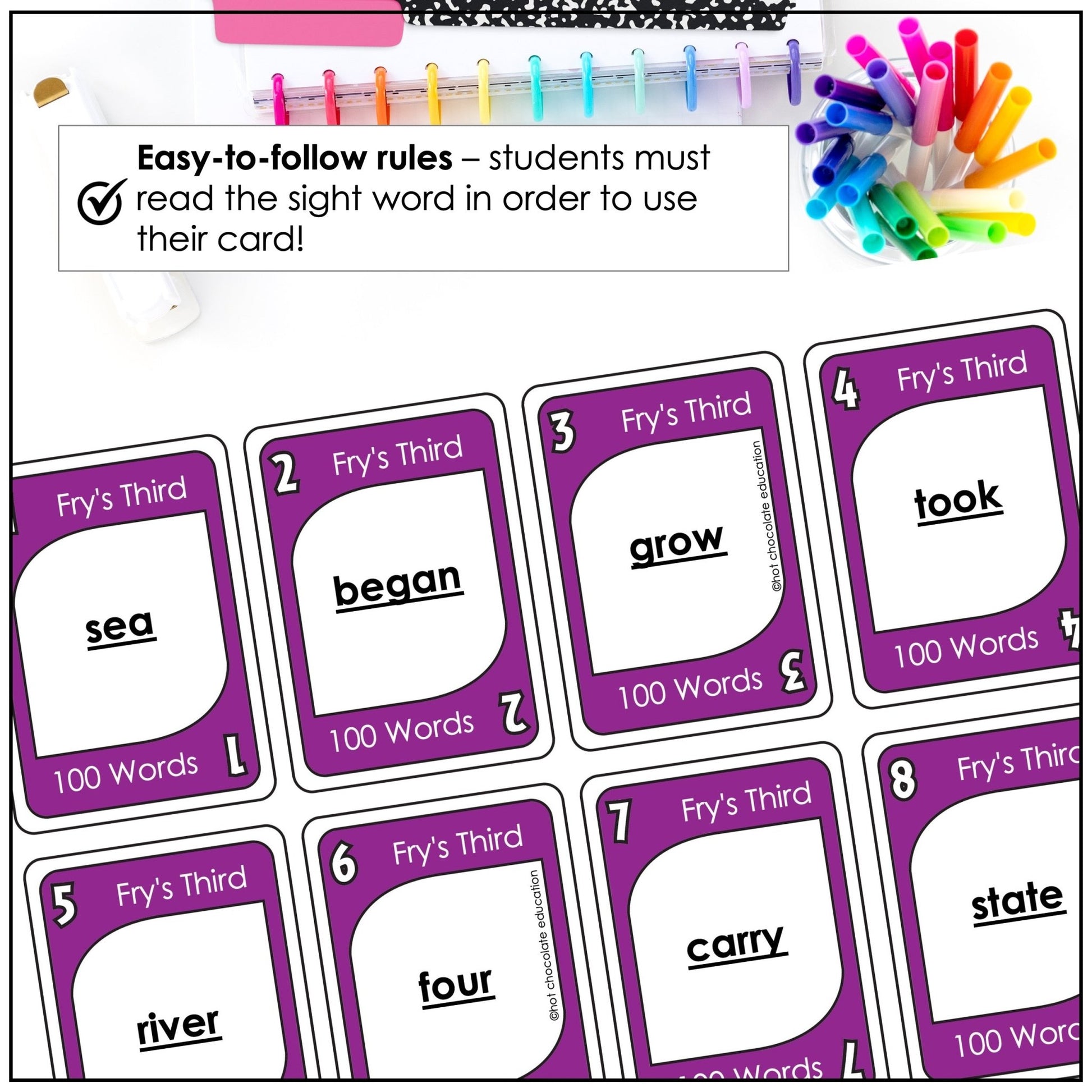 Fry's Sight Words Card Game - Third 100 Words for 3rd Grade - Plays like UNO - Hot Chocolate Teachables