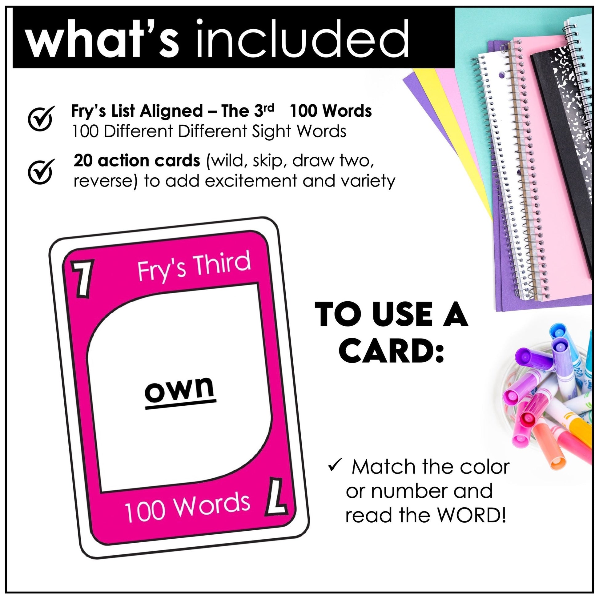 Fry's Sight Words Card Game - Third 100 Words for 3rd Grade - Plays like UNO - Hot Chocolate Teachables