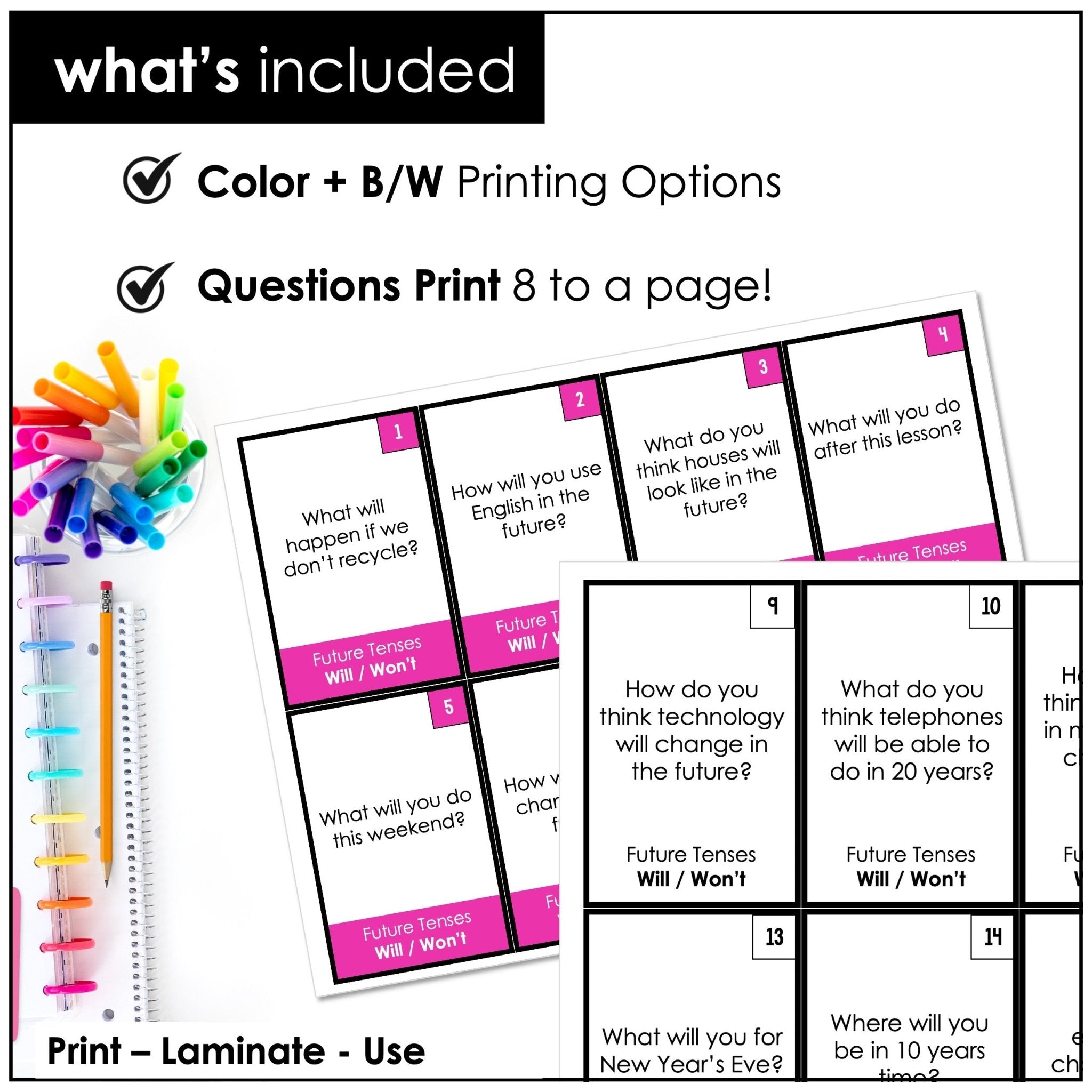 Future Tenses ESL Conversation Cards - Going To, Will/Won't - Hot Chocolate Teachables