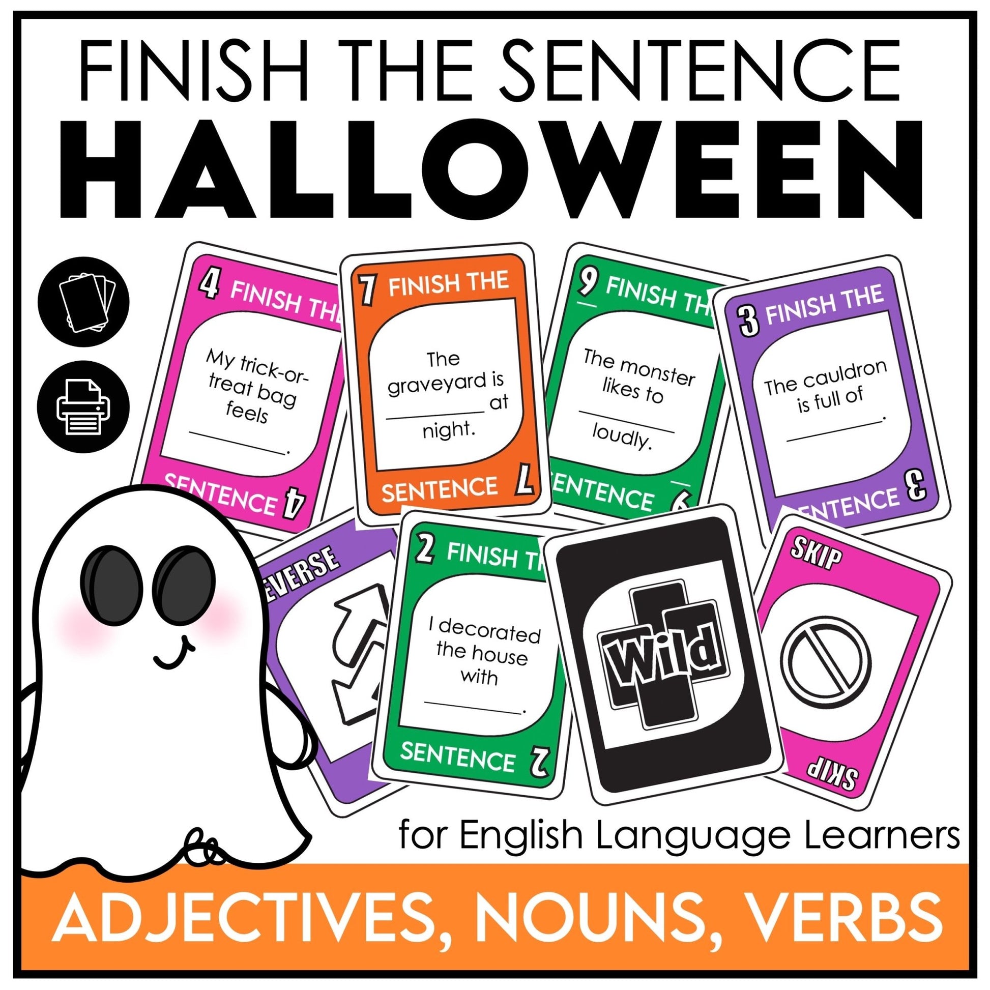 Halloween Card Game – Finish the Sentence with Adjectives, Nouns & Verbs - Hot Chocolate Teachables