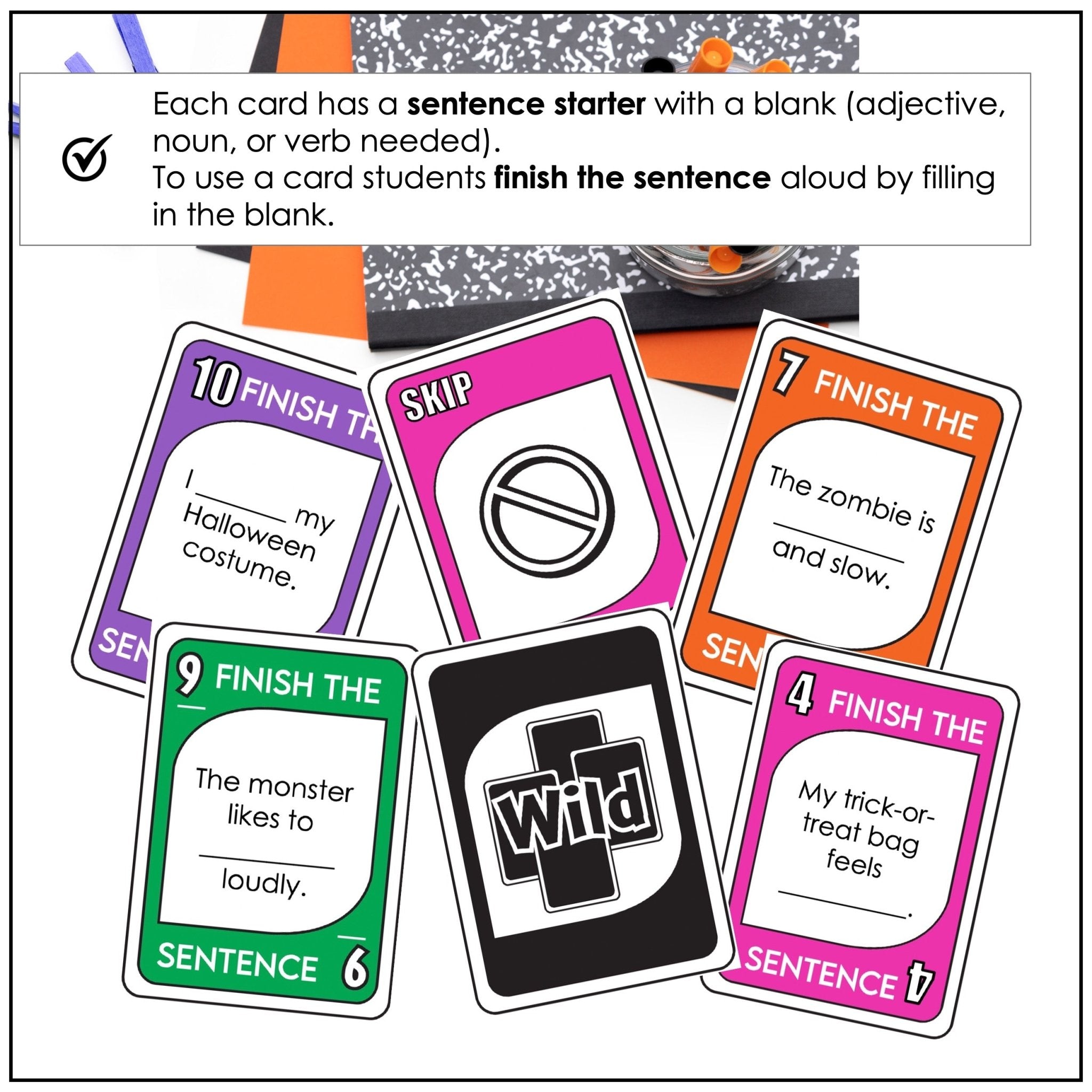 Halloween Card Game – Finish the Sentence with Adjectives, Nouns & Verbs - Hot Chocolate Teachables