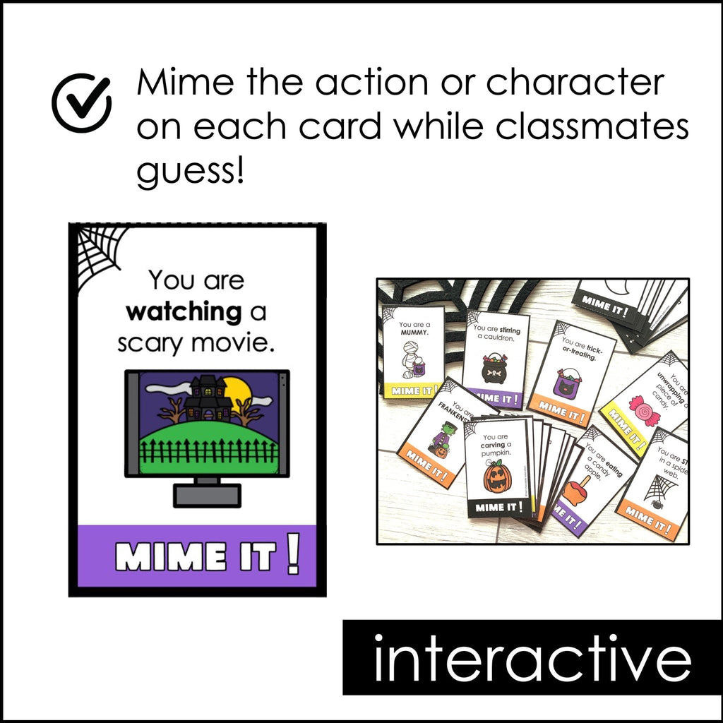 Halloween Charades | Miming Game Cards for Kids - Action Verbs & Costumes - Hot Chocolate Teachables