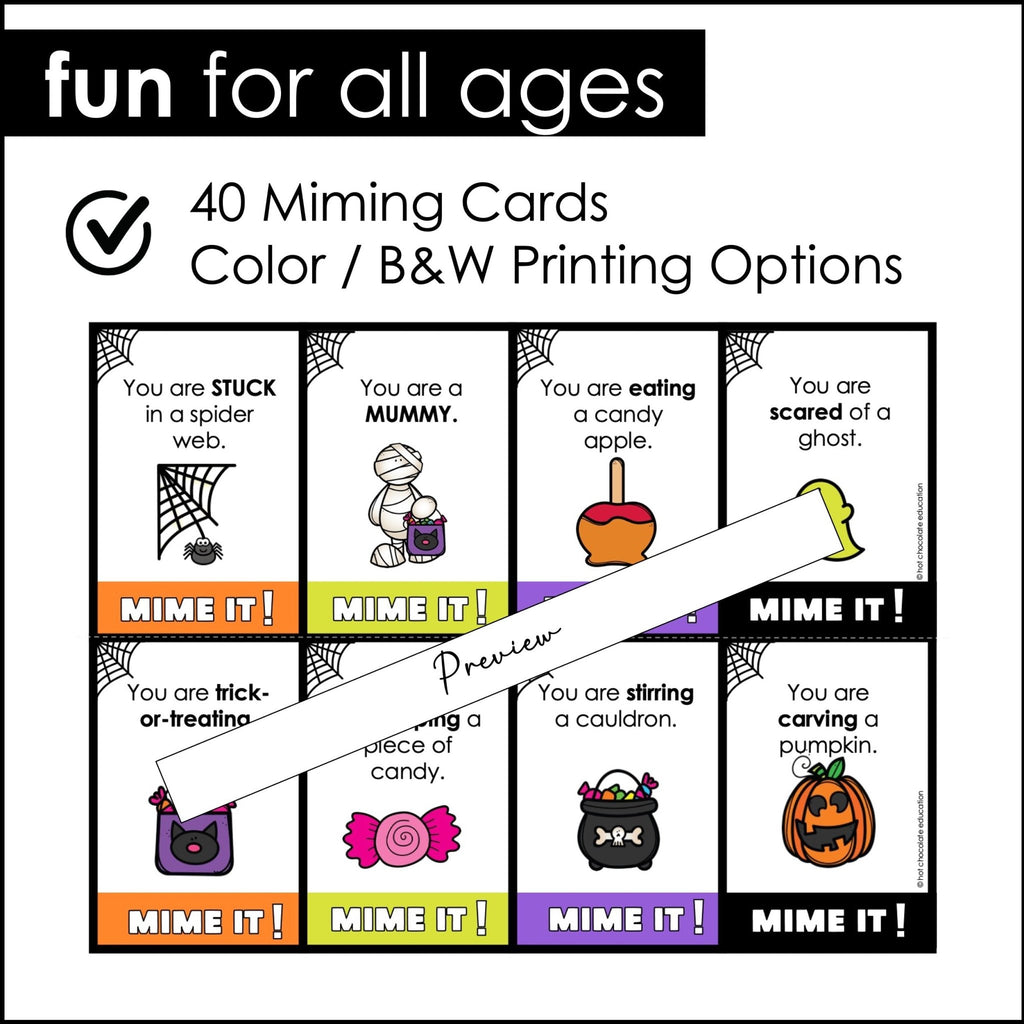 Halloween Charades | Miming Game Cards for Kids - Action Verbs & Costumes - Hot Chocolate Teachables