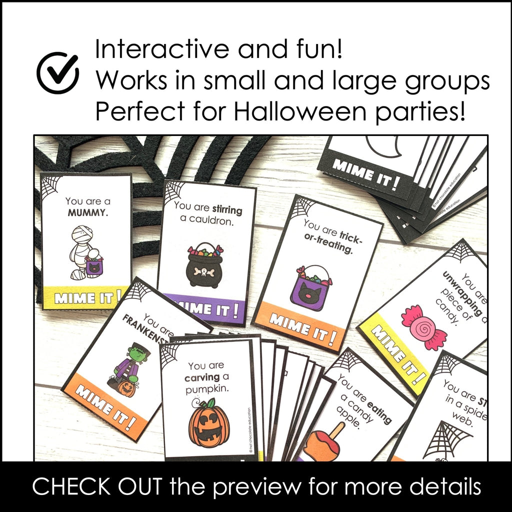 Halloween Charades | Miming Game Cards for Kids - Action Verbs & Costumes - Hot Chocolate Teachables