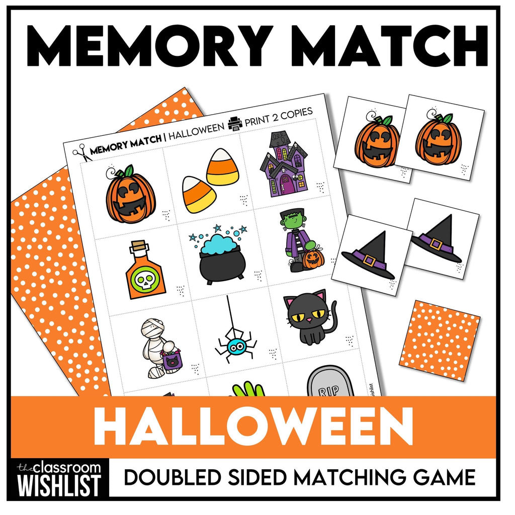 Halloween Memory Game | Picture Cards | October Vocabulary Matching Activity - Hot Chocolate Teachables