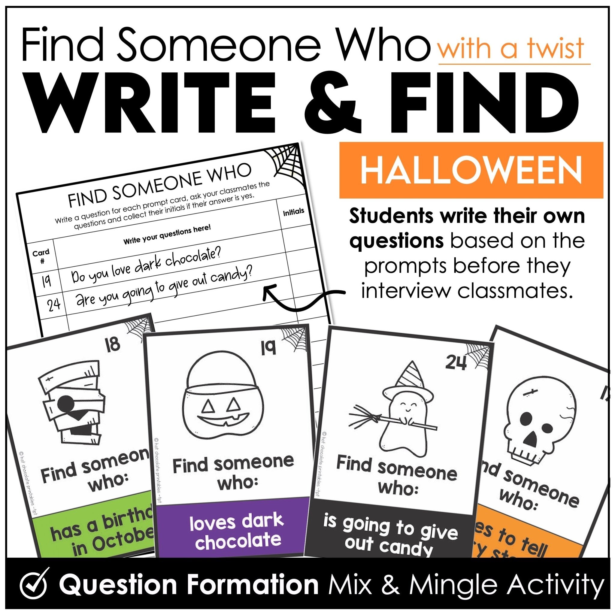 Halloween Speaking Activity - Find Someone Who | Present Tense Questions - Hot Chocolate Teachables