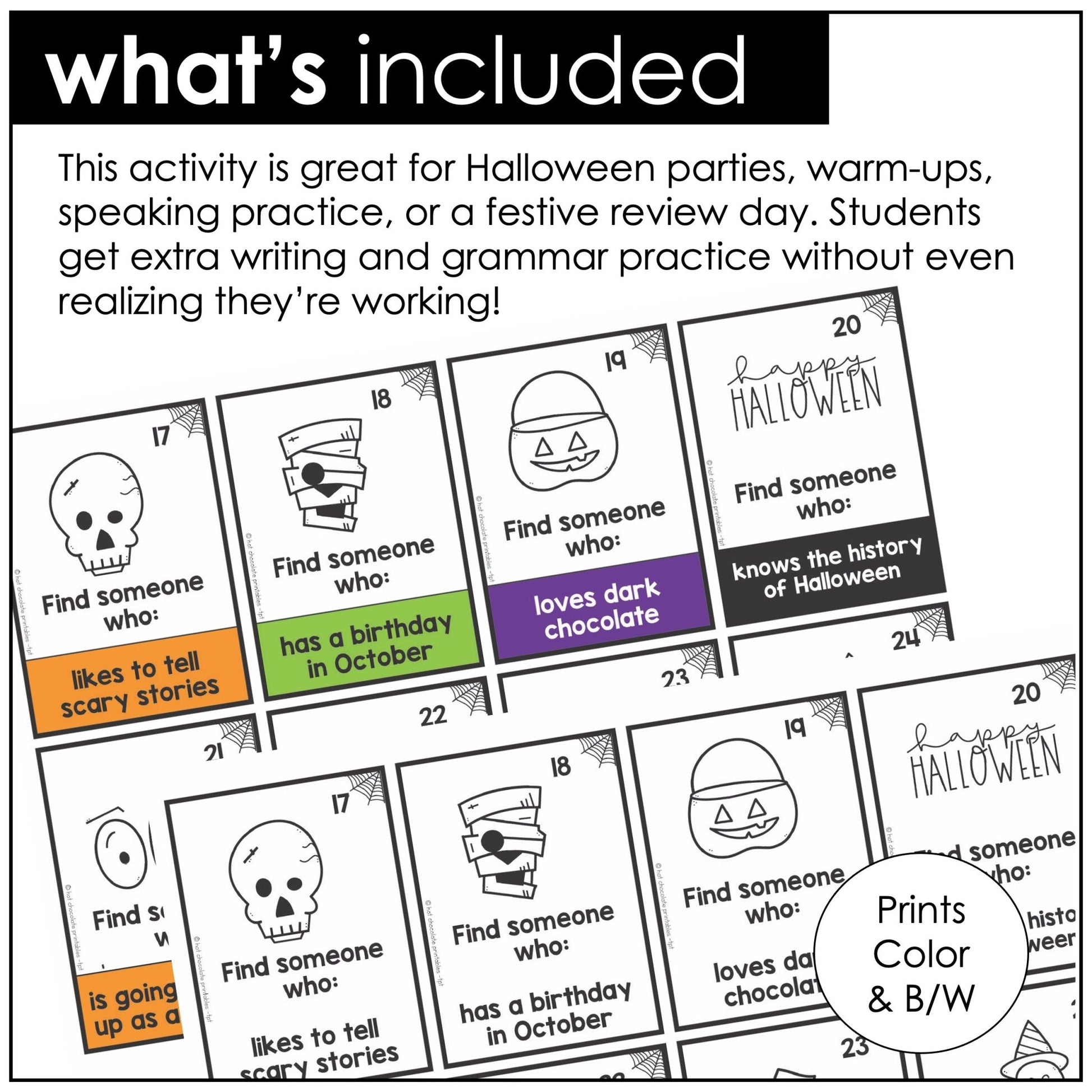 Halloween Speaking Activity - Find Someone Who | Present Tense Questions - Hot Chocolate Teachables