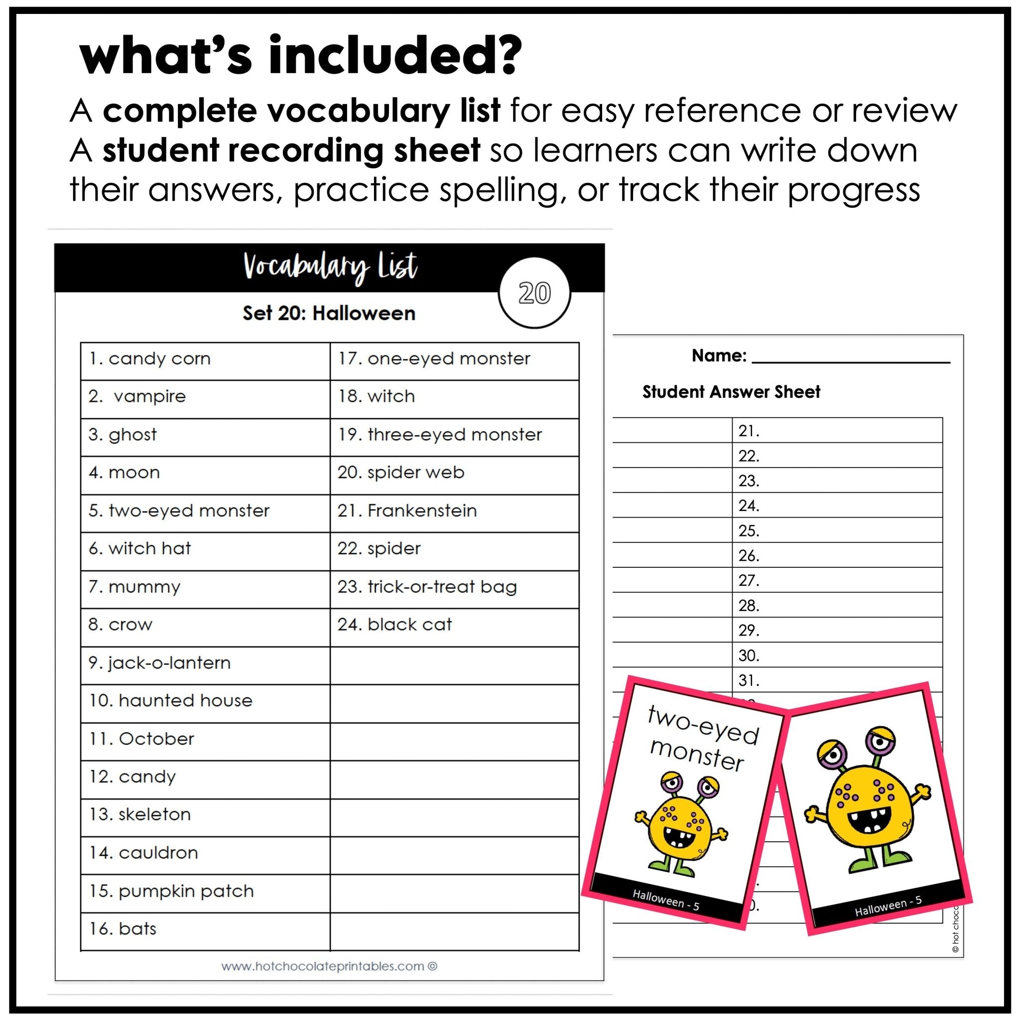 Halloween Vocabulary Flashcards : ESL Activity Cards - Flash Cards - Hot Chocolate Teachables