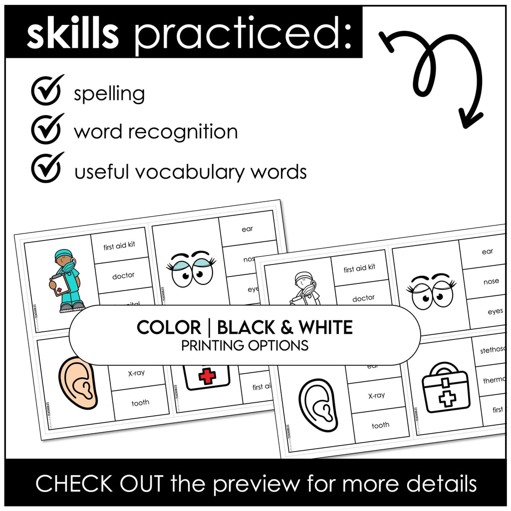 Health and Body Vocabulary CLIP CARD activity task cards for ELL ESL ELD - Hot Chocolate Teachables