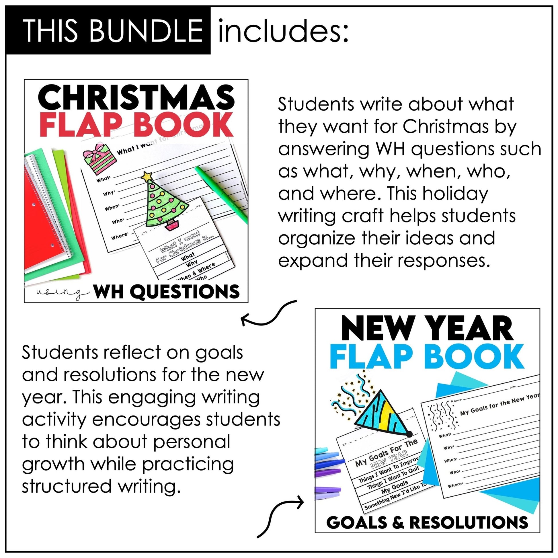 Holiday Flap Book Writing Activities - Christmas | New Year's | Valentine's Day - Hot Chocolate Teachables